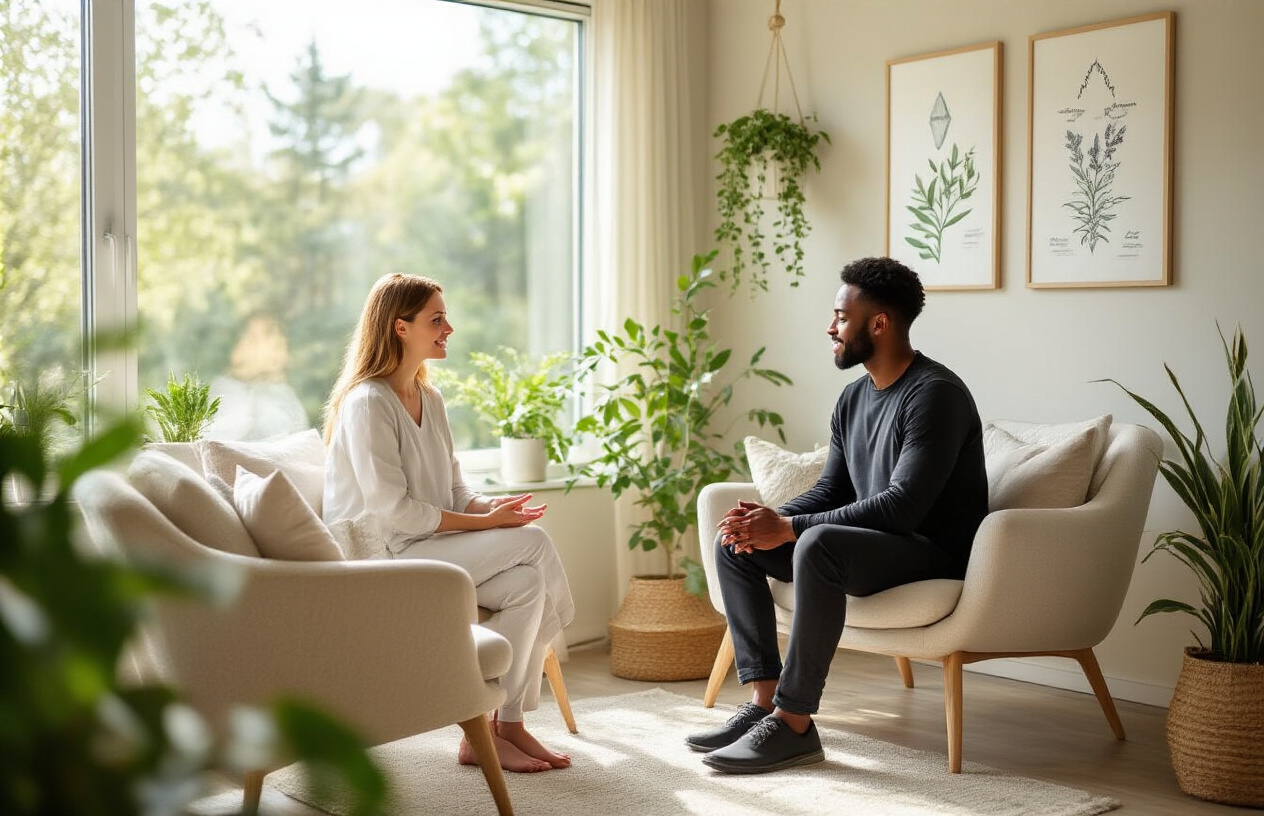 Create a realistic image of a serene wellness center consultation room with natural lighting streaming through large windows, featuring a comfortable seating area with soft cushions and plants, a white female counselor and a black male client having a supportive conversation, with medical certificates and natural healing elements like crystals and botanical illustrations on the walls, conveying hope, healing, and professional care in a calming atmosphere, absolutely NO text should be in the scene.