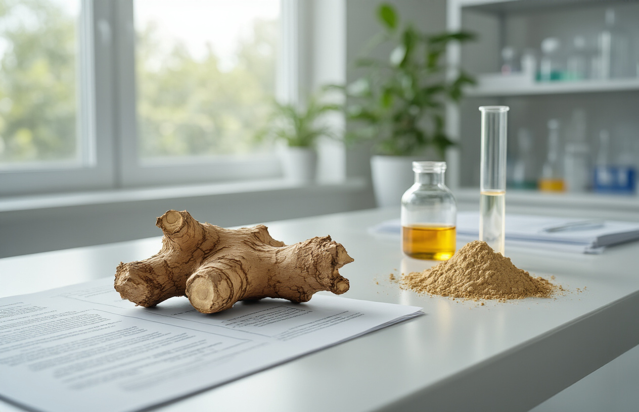 Create a realistic image of ibogaine root bark and extracted powder displayed on a clean medical table, with scientific research documents and test tubes containing plant extracts arranged nearby, set in a modern laboratory environment with soft natural lighting from a window, showing the medicinal plant in both its natural and processed forms to represent breakthrough addiction treatment research, with a calm and hopeful atmosphere suggesting medical innovation and healing potential, absolutely NO text should be in the scene.