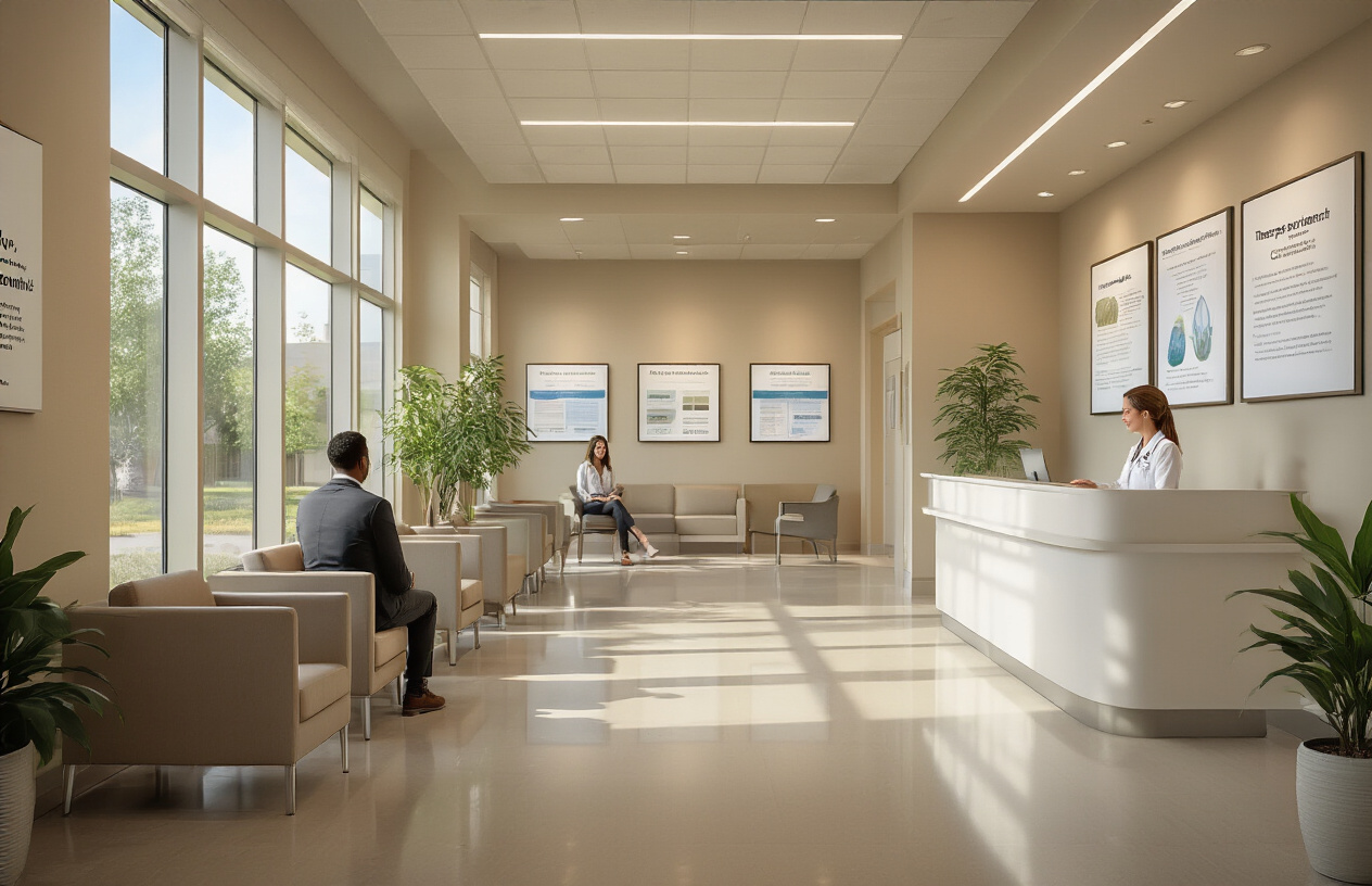 Create a realistic image of a modern medical treatment facility interior showing multiple therapy program options, featuring a spacious lobby area with comfortable seating arrangements, informational display boards mounted on walls showcasing various treatment approaches, a white female receptionist at a welcoming front desk speaking with a black male visitor, soft natural lighting streaming through large windows, calm and professional atmosphere with earth-tone color scheme, potted plants adding warmth to the clinical environment, clean contemporary architecture with polished floors reflecting the overhead lighting, conveying hope and comprehensive care options. Absolutely NO text should be in the scene.