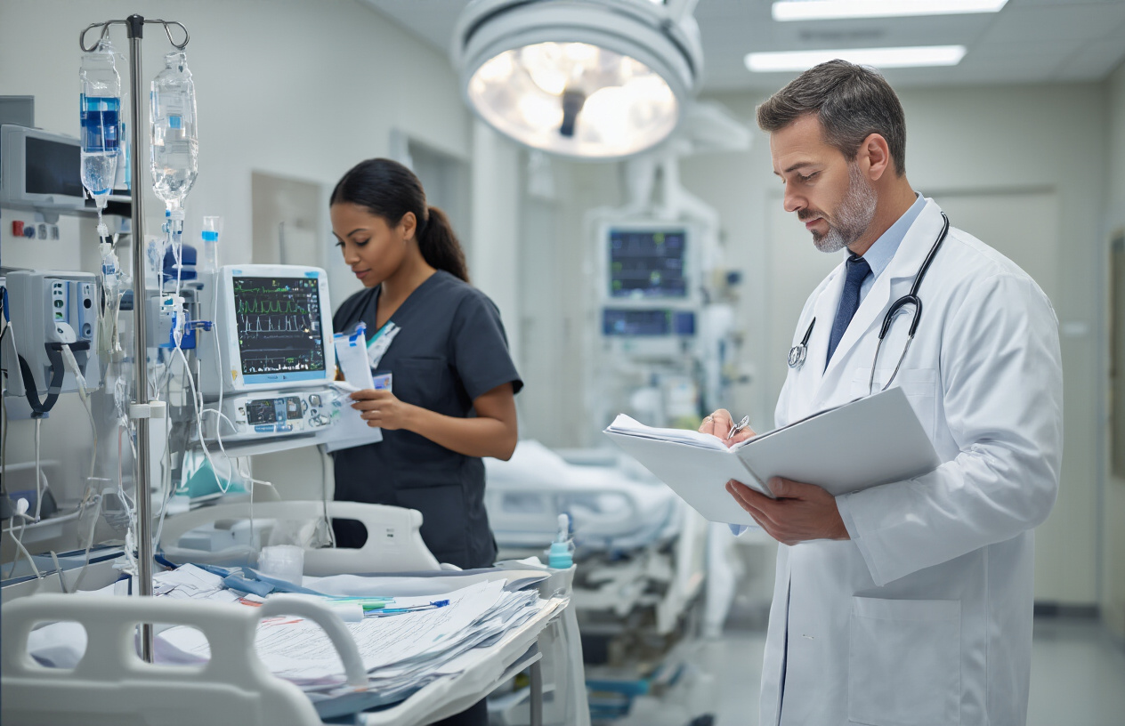 Create a realistic image of a modern medical facility interior with a white male doctor in a white coat reviewing medical charts while a black female nurse checks monitoring equipment, featuring clean sterile surfaces, medical monitoring devices, IV stands, and safety equipment in the background, with bright clinical lighting and a professional healthcare atmosphere, absolutely NO text should be in the scene.