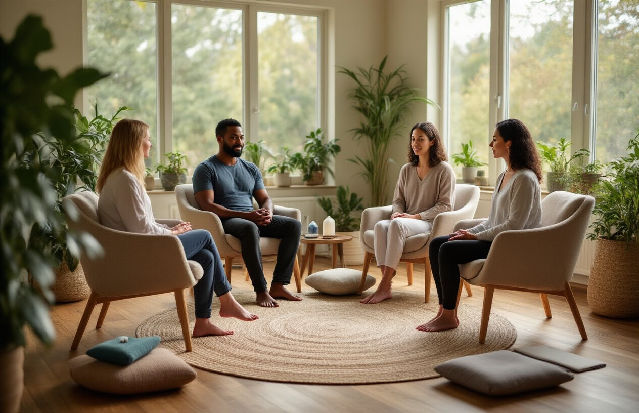 Create a realistic image of a peaceful therapy room with a diverse group including a white female therapist, a black male client, and an Asian female wellness practitioner sitting in comfortable chairs arranged in a circle, with natural elements like plants, crystals, and soft lighting from large windows, wooden floors, calming earth-tone colors, meditation cushions and yoga mats in the background, essential oil diffusers creating a gentle mist, and a serene atmosphere that conveys healing and holistic wellness support, absolutely NO text should be in the scene.