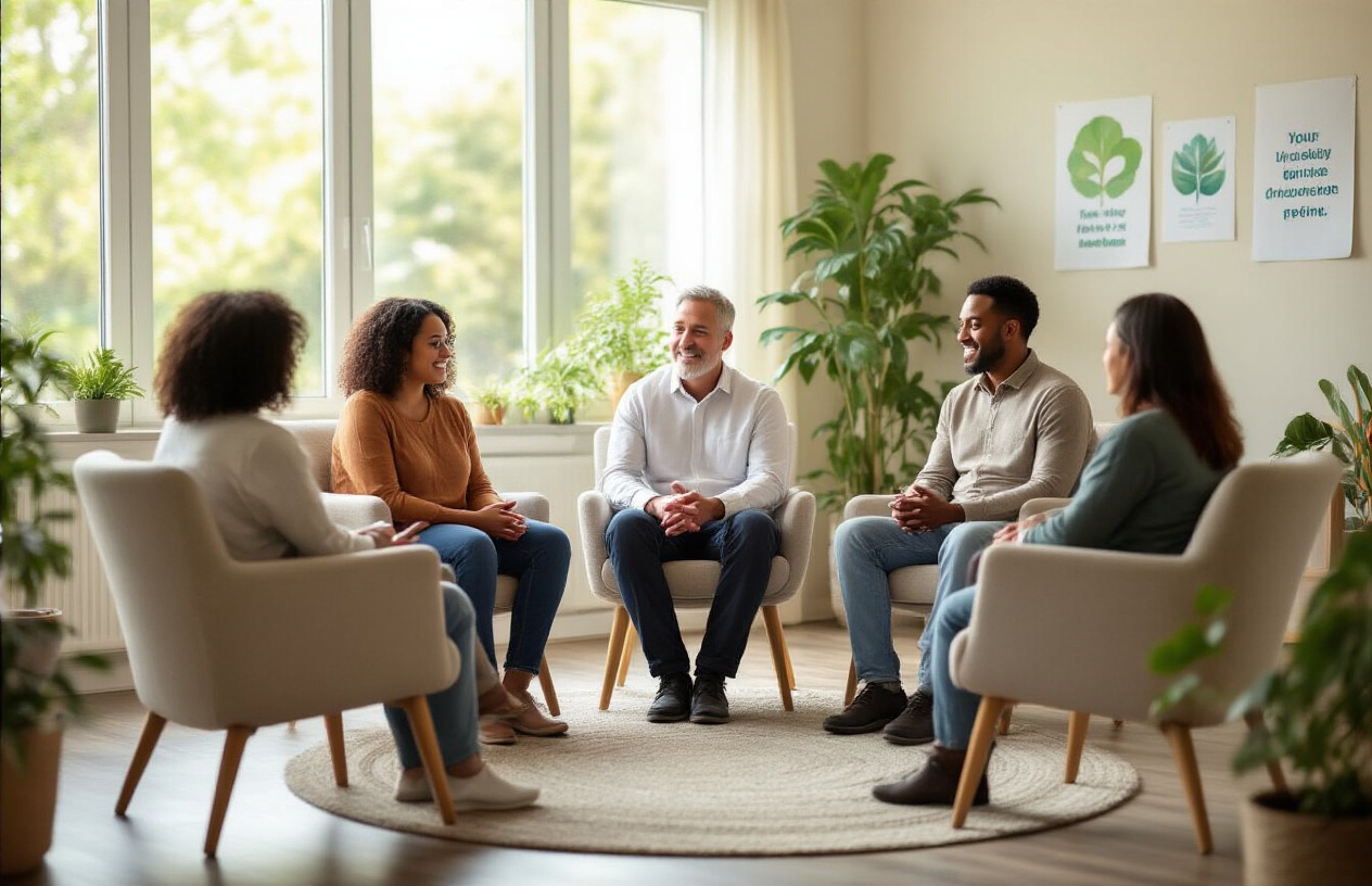 Create a realistic image of a diverse support group sitting in a circle in a bright, welcoming therapy room with comfortable chairs, featuring a white male counselor and participants including a black female, hispanic male, and asian female, all engaged in supportive conversation, with warm natural lighting streaming through large windows, plants in the background, and motivational wellness posters on the walls, conveying hope and community healing, absolutely NO text should be in the scene.