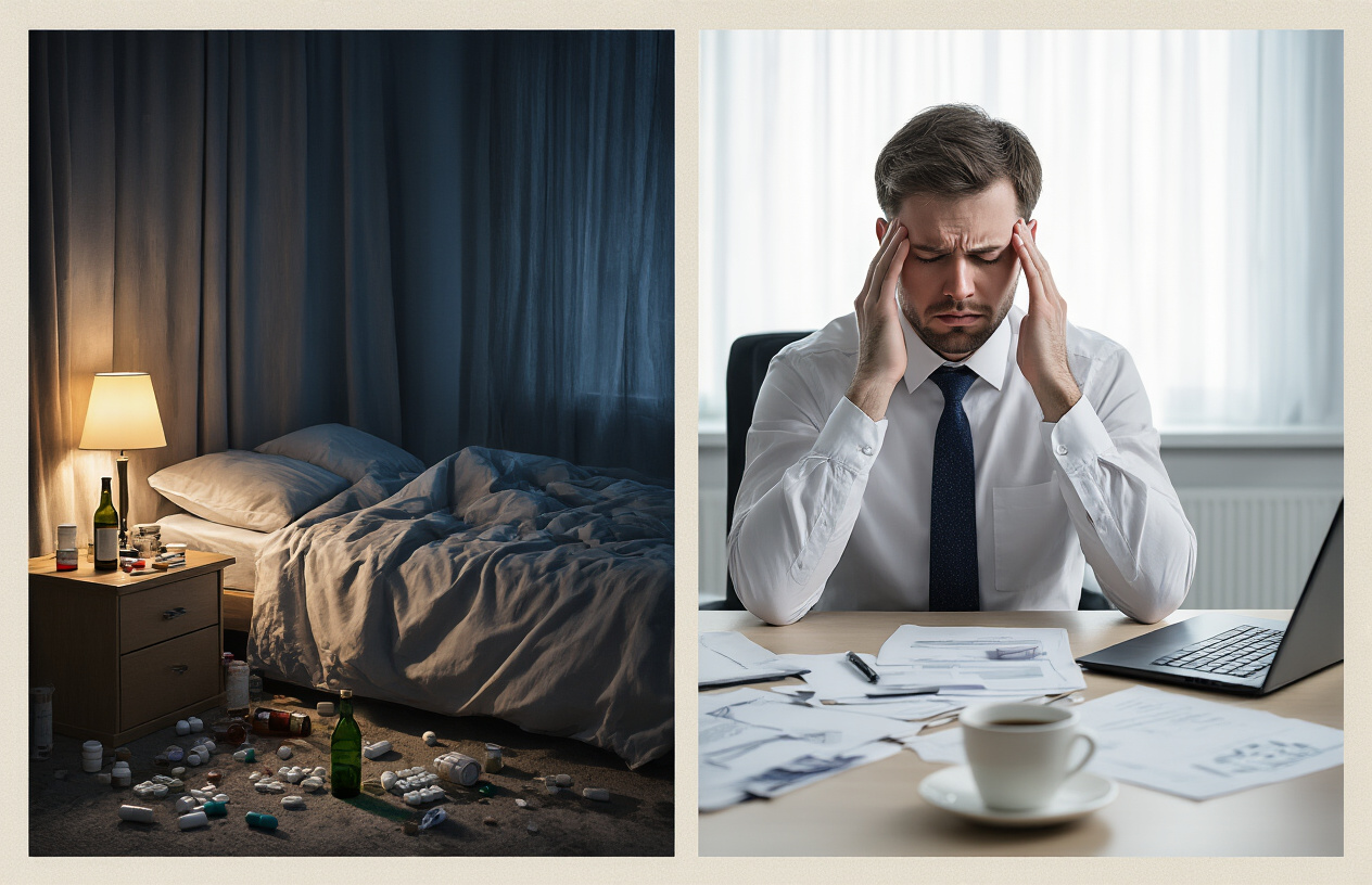 Create a realistic image of a split-screen composition showing the contrast between disrupted sleep and daily functioning, with the left side depicting a messy bedroom with an unmade bed, empty alcohol bottles and pill containers scattered on a nightstand, dim lighting filtering through partially closed curtains creating a gloomy atmosphere, and the right side showing a bright daytime office or workplace environment with a white male in business attire sitting at a desk looking exhausted and unfocused, rubbing his temples with his hands, surrounded by unfinished work papers and a coffee cup, with harsh fluorescent lighting emphasizing the stark difference between nighttime substance use and daytime consequences, absolutely NO text should be in the scene.