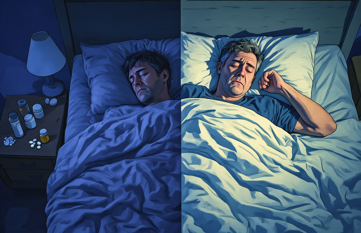 Create a realistic image of a split-screen composition showing a restless person lying in bed on one side and addiction-related elements on the other side, featuring a middle-aged white male tossing and turning in a dimly lit bedroom with tangled sheets and a concerned expression, alongside subtle representations of substance dependency such as empty pill bottles and alcohol containers in soft shadows, connected by flowing visual elements that suggest the relationship between sleep disorders and addiction, with moody blue and purple lighting creating an atmosphere of struggle and sleeplessness, absolutely NO text should be in the scene.