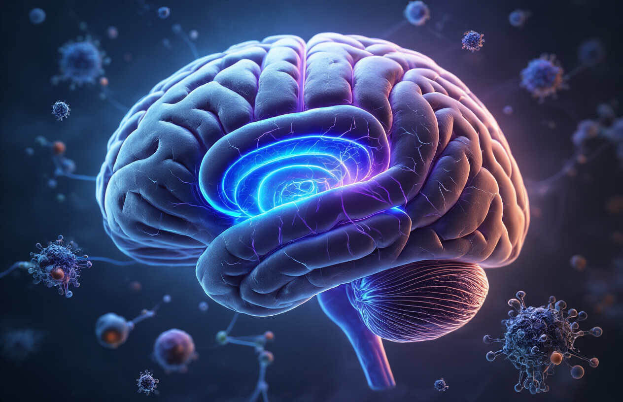 Create a realistic image of a detailed cross-section view of a human brain with highlighted neural pathways glowing in blue and purple, showing interconnected regions related to sleep and addiction centers, surrounded by floating molecular structures and neurotransmitters, set against a dark scientific background with subtle lighting that emphasizes the glowing neural connections, creating a professional medical illustration atmosphere that conveys the complex neurobiological relationship between sleep disorders and substance addiction, absolutely NO text should be in the scene.