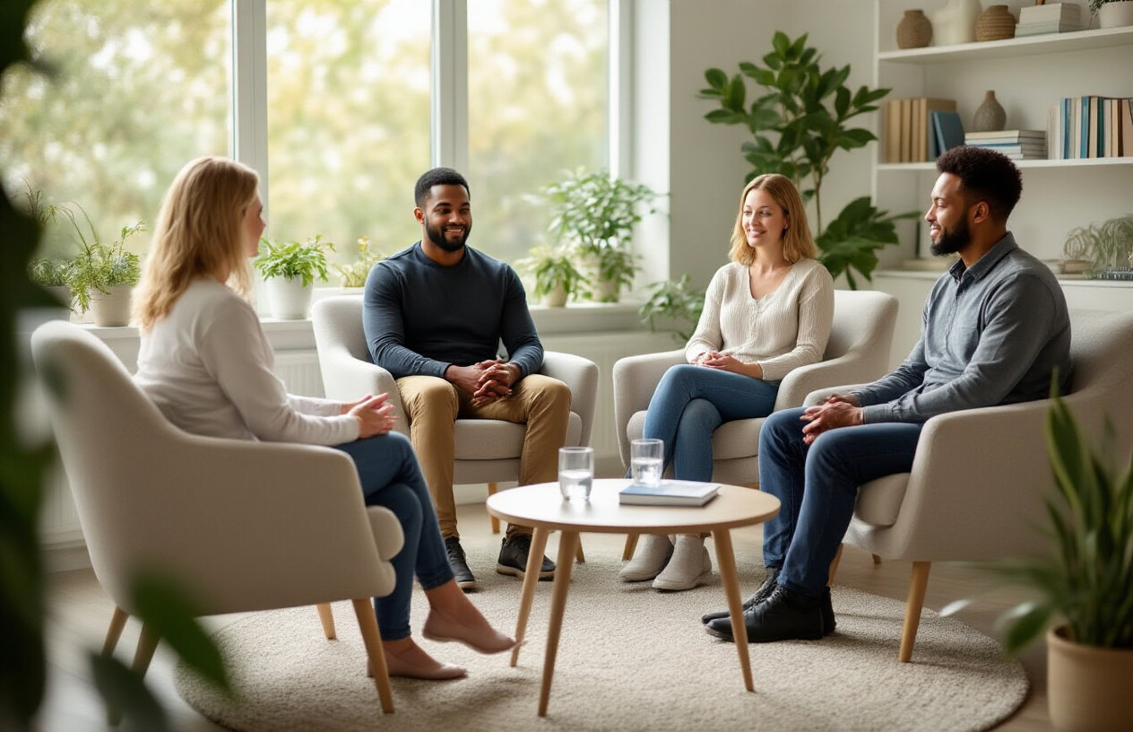 Create a realistic image of a peaceful therapy session with a white female counselor sitting across from a diverse group of three adults (one black male, one white female, one Hispanic male) in comfortable chairs arranged in a circle, with soft natural lighting from a large window, calming neutral-toned room with plants, a small table with water glasses, and subtle medical/wellness books on shelves in the background, conveying a supportive treatment environment for recovery and healing, absolutely NO text should be in the scene.
