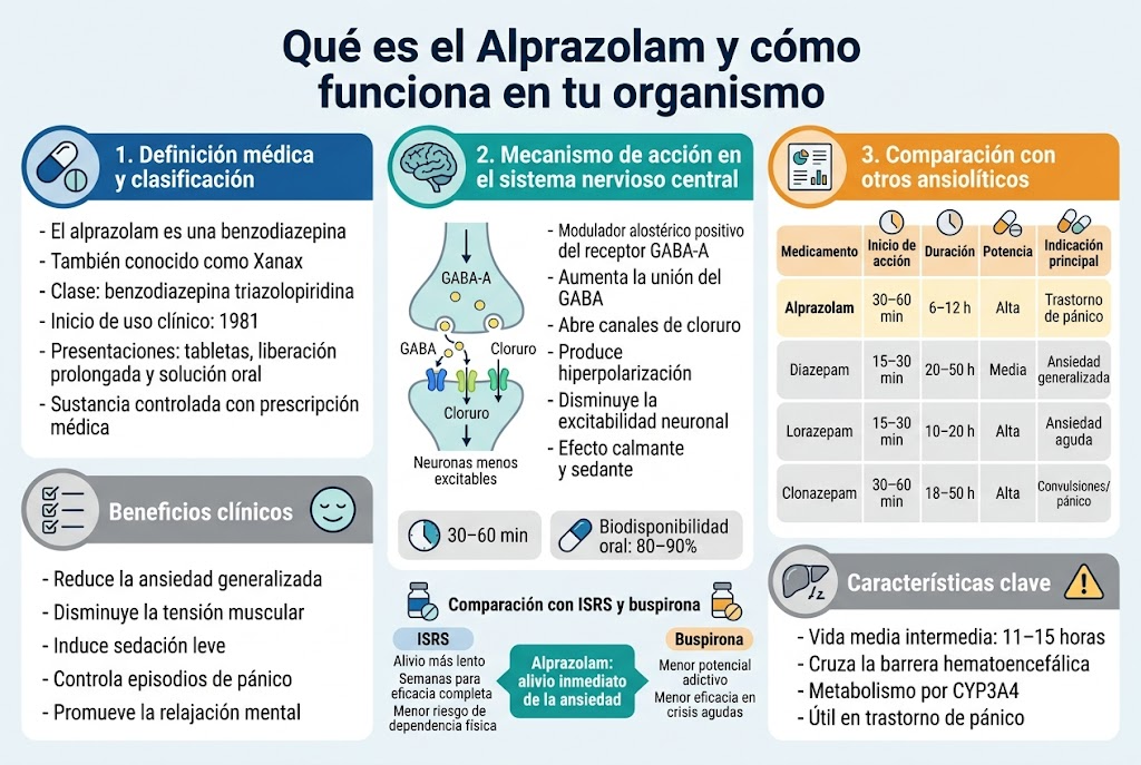 Create a clean, professional medical infographic in Spanish with a 3:2 aspect ratio, full-bleed layout, wide horizontal composition, no poster frame, no inset margins, and a modern flat vector style. Use a white background with deep blue, teal, light gray, and subtle yellow accent colors. Use bold sans-serif typography for headings and smaller readable sans-serif text for body content. Top center: large bold title in dark blue: "What is Alprazolam and how it works in your body" Below the title, divide the infographic into 3 wide horizontal sections with clear colored headers and icons. LEFT TOP SECTION with a blue pill and molecule icon: Header text: "1. Medical Definition and Classification" Body text in short bullet points: "- Alprazolam is a benzodiazepine" "- Also known as Xanax" "- Class: triazolopyridine benzodiazepine" "- Start of clinical use: 1981" "- Presentations: tablets, extended-release, and oral solution" "- Prescription controlled substance" CENTER SECTION with a brain, receptor, and chloride channel illustration: Header text: "2. Mechanism of Action in the Central Nervous System" Show a simplified synapse diagram with labeled arrows and glowing receptor shapes. Include these labels inside the illustration: "GABA-A" "GABA" "Chloride" "Less excitable neurons" Body text in bullets: "- Positive allosteric modulator of the GABA-A receptor" "- Increases GABA binding" "- Opens chloride channels" "- Produces hyperpolarization" "- Decreases neuronal excitability" "- Calming and sedative effect" Add a small clock icon with text: "30–60 min" Add a capsule icon with text: "Oral bioavailability: 80–90%" RIGHT TOP SECTION with a comparison chart icon and three pill icons: Header text: "3. Comparison with other anxiolytics" Create a compact comparison table with clean rows and columns. Use these exact headers: "Drug" | "Onset of action" | "Duration" | "Potency" | "Primary Indication" Table rows: "Alprazolam | 30–60 min | 6–12 h | High | Panic Disorder" "Diazepam | 15–30 min | 20–50 h | Medium | Generalized Anxiety" "Lorazepam | 15–30 min | 10–20 h | High | Acute Anxiety" "Clonazepam | 30–60 min | 18–50 h | High | Seizures/Panic" BOTTOM LEFT wide block with checkmark icons and a calm face icon: Header text: "Clinical Benefits" Bullet points: "- Reduces Generalized Anxiety" "- Decreases Muscle Tension" "- Induces Mild Sedation" "- Controls Panic Episodes" "- Promotes Mental Relaxation" BOTTOM CENTER small comparison strip with two medicine icons: Header text:"Comparison with SSRIs and Buspirone" Left mini-block label: "SSRIs" Text: "Slower relief" "Weeks for full effectiveness" "Lower risk of physical dependence" Right mini-block label: "Buspirone" Text: "Lower addictive potential" "Lower effectiveness in acute attacks" Center highlight label in a contrasting teal box: "Alprazolam: Immediate anxiety relief" BOTTOM RIGHT small info block with a liver enzyme icon and a warning symbol: Header text: "Key features" Bullet points: "- Intermediate half-life: 11–15 hours" "- Crosses the blood-brain barrier" "- Metabolized by CYP3A4" "- Useful in panic disorder" Use clear section dividers, rounded cards, subtle shadows, and color-coded icons: blue for definition, teal for mechanism, orange for comparison, gray for supporting facts. Keep all text crisp, legible, and aligned. Include only the text shown above.