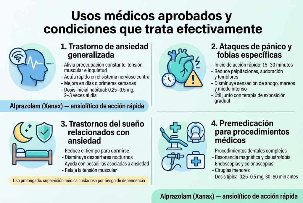 Infografía médica profesional en español, formato horizontal 3:2, diseño full-bleed sin marco, fondo limpio blanco con degradados suaves azul claro y verde menta, estilo moderno, clínico y ordenado, tipografía sans-serif clara y bold para títulos, jerarquía visual alta, secciones en 4 bloques horizontales o en cuadrícula de 2x2 con iconos grandes y coloridos. TÍTULO GRANDE EN LA PARTE SUPERIOR, centrado y muy visible: "Usos médicos aprobados y condiciones que trata efectivamente" Debajo del título, cuatro secciones amplias con iconos y texto breve, organizadas de izquierda a derecha y de arriba abajo: 1) BLOQUE SUPERIOR IZQUIERDO Icono: silueta de cabeza con ondas de ansiedad y línea de calma. Encabezado en negrita: "1. Trastorno de ansiedad generalizada" Texto breve con viñetas: "- Alivia preocupación constante, tensión muscular e inquietud" "- Actúa rápido en el sistema nervioso central" "- Mejora en días o primeras semanas" "- Dosis inicial habitual: 0.25–0.5 mg, 2–3 veces al día" 2) BLOQUE SUPERIOR DERECHO Icono: corazón acelerado, reloj pequeño y triángulo de alerta. Encabezado en negrita: "2. Ataques de pánico y fobias específicas" Texto breve con viñetas: "- Inicio de acción rápido: 15–30 minutos" "- Reduce palpitaciones, sudoración y temblores" "- Disminuye sensación de ahogo, mareos y miedo intenso" "- Útil junto con terapia de exposición gradual" 3) BLOQUE INFERIOR IZQUIERDO Icono: luna, cama y escudo de relajación. Encabezado en negrita: "3. Trastornos del sueño relacionados con ansiedad" Texto breve en lista corta: "- Reduce el tiempo para dormirse" "- Disminuye despertares nocturnos" "- Ayuda con pesadillas asociadas a ansiedad" "- Relaja la tensión muscular" Texto de aviso pequeño en una franja amarilla suave: "Uso prolongado: supervisión médica cuidadosa por riesgo de dependencia" 4) BLOQUE INFERIOR DERECHO Icono: silla dental, escáner MRI, endoscopio y cruz médica. Encabezado en negrita: "4. Premedicación para procedimientos médicos" Texto breve con viñetas: "- Procedimientos dentales complejos" "- Resonancia magnética y claustrofobia" "- Endoscopias y colonoscopias" "- Cirugías menores" "- Dosis típica: 0.25–0.5 mg, 30–60 min antes" Añadir una barra lateral o franja inferior con el texto destacado: "Alprazolam (Xanax) — ansiolítico de acción rápida" Usar colores: azul médico, turquesa, verde suave y acentos amarillos para avisos; iconos limpios con sombras sutiles; composición equilibrada, legible y sin saturación visual; incluir líneas separadoras finas entre bloques; estilo de infografía editorial de salud.