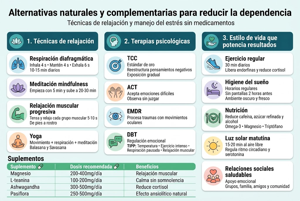 Full-bleed professional medical infographic, aspect ratio 3:2, clean modern flat vector style, white background with teal, blue, green, and soft orange accents, bold sans-serif typography, clear visual hierarchy, no border, no inset frame, wide horizontal layout with 3 main columns and a bottom strip. Top banner across full width with large bold title text: "Alternativas naturales y complementarias para reducir la dependencia" and smaller subtitle beneath: "Técnicas de relajación y manejo del estrés sin medicamentos" Main content arranged in three wide columns with section headers in dark teal, each section in a rounded rectangle card with matching icon on the left of the header: Left column section header: "1. Técnicas de relajación" Use four stacked mini-blocks with icons: - Blue lungs icon and text: "Respiración diafragmática" Smaller text: "Inhala 4 s • Mantén 4 s • Exhala 6 s" Smaller text: "10-15 min diarios" - Purple lotus icon and text: "Meditación mindfulness" Smaller text: "Empieza con 5 min y sube a 20-30 min" - Green muscle icon and text: "Relajación muscular progresiva" Smaller text: "Tensa y relaja cada grupo muscular 5-10 s" Smaller text: "De pies a rostro" - Orange yoga pose icon and text: "Yoga" Smaller text: "Movimiento + respiración + meditación" Smaller text: "Balasana y Savasana" Center column section header: "2. Terapias psicológicas" Use four stacked mini-blocks with icons: - Target icon and text: "TCC" Smaller text: "Estándar de oro" Smaller text: "Reestructura pensamientos negativos" Smaller text: "Exposición gradual" - Open hands icon and text: "ACT" Smaller text: "Acepta emociones difíciles" Smaller text: "Observa sin juzgar" - Eye movement icon and text: "EMDR" Smaller text: "Procesa traumas con movimientos oculares" - Speech bubble and skill icon and text: "DBT" Smaller text: "Regulación emocional" Smaller text: "TIPP: Temperatura • Ejercicio intenso • Respiración pausada • Relajación muscular" Right column section header: "3. Estilo de vida que potencia resultados" Use five stacked mini-blocks with icons: - Running shoe icon and text: "Ejercicio regular" Smaller text: "30 min diarios" Smaller text: "Libera endorfinas y reduce cortisol" - Moon and bed icon and text: "Higiene del sueño" Smaller text: "Horarios regulares" Smaller text: "Sin pantallas 2 horas antes" Smaller text: "Ambiente oscuro y fresco" - Plate and leaf icon and text: "Nutrición" Smaller text: "Reduce cafeína, azúcar refinada y alcohol" Smaller text: "Omega-3 • Magnesio • Triptófano" - Sun icon and text: "Luz solar matutina" Smaller text: "15-20 min al aire libre" Smaller text: "Regula ritmo circadiano y serotonina" - Heart and people icon and text: "Relaciones sociales saludables" Smaller text: "Apoyo emocional" Smaller text: "Grupos, familia, amigos y comunidad" Bottom strip spanning full width with a clean comparison table titled in bold: "Suplementos" and three columns with thin lines, green header row, small pill icons: Column headers: "Suplemento" | "Dosis recomendada" | "Beneficios" Rows: - "Magnesio" | "200-400mg/día" | "Relajación muscular" - "L-teanina" | "100-200mg/día" | "Calma sin somnolencia" - "Ashwagandha" | "300-500mg/día" | "Reduce cortisol" - "Pasiflora" | "250-500mg/día" | "Efecto ansiolítico natural" Use small supportive decorative icons near headings, balanced spacing, professional healthcare infographic styling, crisp readable Spanish text, high contrast, organized sections, subtle shadows, no photo background, no clutter.