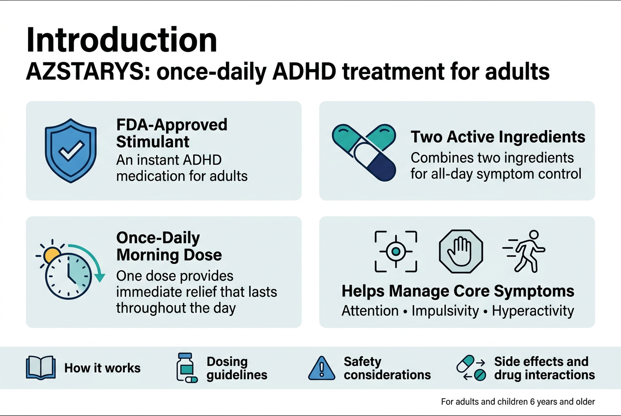 Create a full-bleed medical infographic in a clean professional style with a 3:2 aspect ratio, wide horizontal layout, white background with teal, blue, and light gray accents, and bold sans-serif typography. Top header across the full width: "Introduction" Subtitle directly below: "AZSTARYS: once-daily ADHD treatment for adults" Main layout: four wide horizontal content blocks arranged in a 2x2 grid across the center of the page, each with a clear icon and short text. Top-left block: Blue medical shield icon with a checkmark. Heading: "FDA-Approved Stimulant" Body text: "An instant ADHD medication for adults" Top-right block: Two connected capsule shapes icon in teal and navy. Heading: "Two Active Ingredients" Body text: "Combines two ingredients for all-day symptom control" Bottom-left block: Clock icon with a sun and morning arrow. Heading: "Once-Daily Morning Dose" Body text: "One dose provides immediate relief that lasts throughout the day" Bottom-right block: Three simple line icons side by side: focus target, hand stop sign, and moving person. Heading: "Helps Manage Core Symptoms" Body text: "Attention • Impulsivity • Hyperactivity" Along the bottom in a full-width horizontal strip with four small icon labels, evenly spaced: Book icon with text: "How it works" Pill bottle icon with text: "Dosing guidelines" Exclamation icon with text: "Safety considerations" Pill and interaction arrows icon with text: "Side effects and drug interactions" Include a subtle footer note at bottom right: "For adults and children 6 years and older" Use a clean grid, strong visual hierarchy, ample spacing, crisp icons, and modern clinical infographic styling.