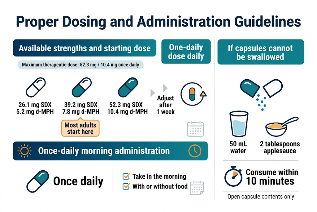 Create a clean, modern medical infographic in a 3:2 aspect ratio with a full-bleed layout, white background, deep blue and teal accents, and orange highlight elements. Use a bold sans-serif font. Place a large title across the top: "Proper Dosing and Administration Guidelines". Below the title, arrange three wide horizontal content sections in a 3-column style with clear icons and colored headers: Left section: "Available strengths and starting dose" - Show three capsule icons in a row with labels: "26.1 mg SDX / 5.2 mg d-MPH" "39.2 mg SDX / 7.8 mg d-MPH" "52.3 mg SDX / 10.4 mg d-MPH" - Add a highlighted badge under the middle capsule: "Most adults start here" - Add a small arrow or step indicator to the right with text: "Adjust after 1 week" - Add a small top label: "Maximum therapeutic dose: 52.3 mg / 10.4 mg once daily" Center section: "Once-daily morning administration" - Use a sun icon and a clock icon - Show a single morning dose pill icon with the text: "Once daily" - Include two small checkmarked lines: "Take in the morning" "With or without food" - Add a subtle calendar or routine icon to suggest adherence Right section: "If capsules cannot be swallowed" - Show an open capsule icon pouring contents into two visual options: 1. A glass of water labeled "50 mL water" 2. A spoon or bowl labeled "2 tablespoons applesauce" - Include a stopwatch icon with bold text: "Consume within 10 minutes" - Add a small note line: "Open capsule contents only" Use clear section dividers, minimal medical-style line icons, and balanced spacing. Keep all text exactly legible and prominent. No photo background, no people, no borders or poster frame, and no vertical stacked layout.
