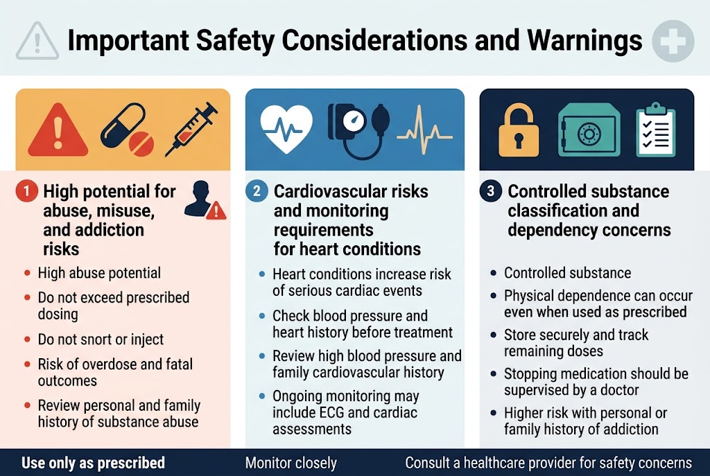 Create a clean, professional full-bleed infographic in a 3:2 aspect ratio with a modern medical safety style, white background, dark navy headers, teal and amber accent colors, and red warning highlights. Use bold sans-serif typography with a strong title at the top and three wide horizontal sections beneath it, arranged in a balanced multi-column layout with clear icons and numbered headings. Top header area: Large bold title centered across the top: "Important Safety Considerations and Warnings" Add a subtle warning triangle and medical cross icon near the title. Main content area with 3 wide sections across the page: 1) Left section with a red warning icon and pill/needle symbols: Heading text: "High potential for abuse, misuse, and addiction risks" Include compact bullet points: - "High abuse potential" - "Do not exceed prescribed dosing" - "Do not snort or inject" - "Risk of overdose and fatal outcomes" - "Review personal and family history of substance abuse" Use a red/orange alert color block behind this section and a small silhouette icon with a caution symbol. 2) Center section with a heart icon and ECG line: Heading text: "Cardiovascular risks and monitoring requirements for heart conditions" Include compact bullet points: - "Heart conditions increase risk of serious cardiac events" - "Check blood pressure and heart history before treatment" - "Review high blood pressure and family cardiovascular history" - "Ongoing monitoring may include ECG and cardiac assessments" Use a blue medical panel with a heart, blood pressure cuff, and ECG line icon. 3) Right section with a lock icon and controlled substance label: Heading text: "Controlled substance classification and dependency concerns" Include compact bullet points: - "Controlled substance" - "Physical dependence can occur even when used as prescribed" - "Store securely and track remaining doses" - "Stopping medication should be supervised by a doctor" - "Higher risk with personal or family history of addiction" Use a dark navy panel with a lock, secure storage box, and checklist icon. Add a thin footer strip along the bottom with small warning text in a clean sans-serif font: "Use only as prescribed" "Monitor closely" "Consult a healthcare provider for safety concerns" Keep the layout wide and open with strong visual hierarchy, neat spacing, crisp iconography, and no extra decorative elements beyond the medical safety theme.