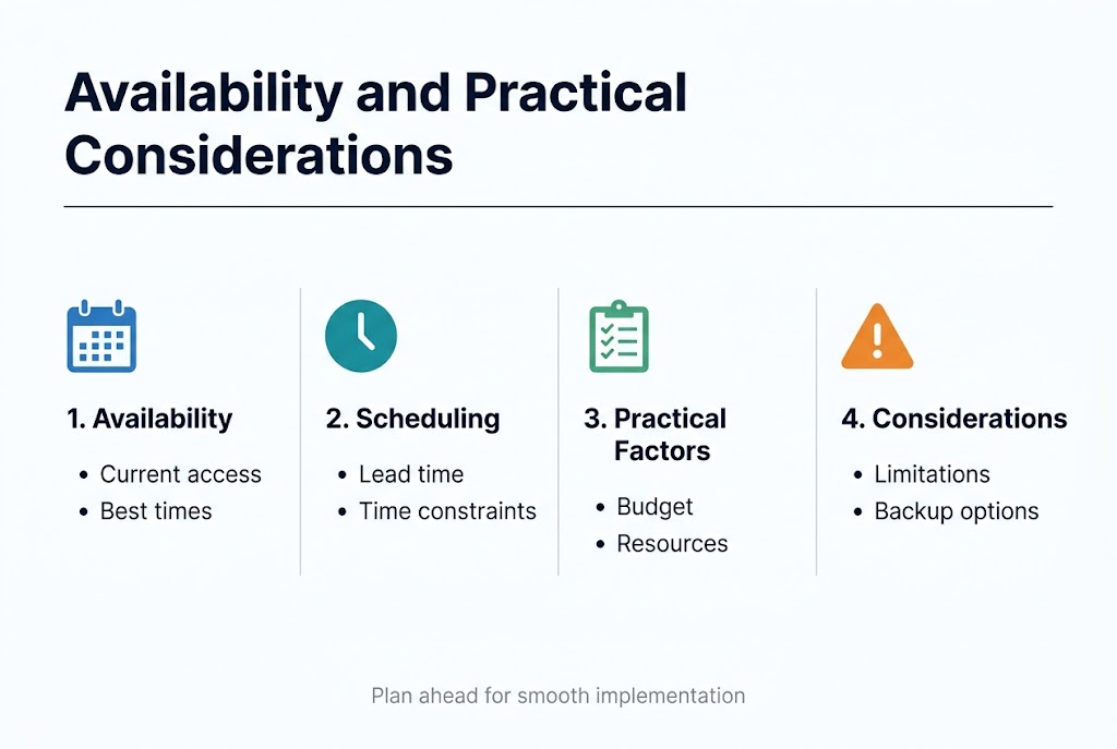 Create a full-bleed professional infographic in a 3:2 aspect ratio with a clean white background, dark navy text, teal and blue accents, and subtle light gray dividers. Use a modern sans-serif font with a bold title at the top left: “Availability and Practical Considerations”. Layout: wide horizontal composition with four evenly spaced rectangular sections across the center of the page, each with a colored icon, a numbered heading, and 2 short bullet points. Use clear visual hierarchy, bold section headings, and simple flat icons. Section 1 on the left with a blue calendar icon and the heading “1. Availability” - “Current access” - “Best times” Section 2 with a teal clock icon and the heading “2. Scheduling” - “Lead time” - “Time constraints” Section 3 with a green checklist icon and the heading “3. Practical Factors” - “Budget” - “Resources” Section 4 on the right with an orange warning triangle icon and the heading “4. Considerations” - “Limitations” - “Backup options” Add a thin horizontal line under the title. Place a small footer note centered at the bottom in light gray text: “Plan ahead for smooth implementation”. Use balanced spacing, crisp alignment, and a polished corporate infographic style.