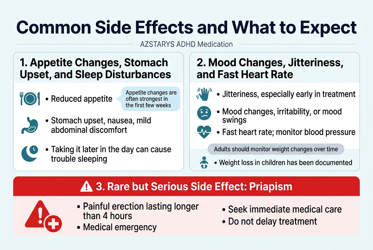Create a clean, professional medical infographic in a full-bleed 3:2 landscape layout with a white background, blue and teal accents, and red warning highlights. Use modern sans-serif fonts with a bold dark navy headline at the top. Top header across full width: "Common Side Effects and What to Expect" Small subtitle beneath in lighter text: "AZSTARYS ADHD Medication" Below the header, arrange three wide horizontal sections in a 2-column upper area and a full-width emergency band at the bottom. Left upper section titled in bold: "1. Appetite Changes, Stomach Upset, and Sleep Disturbances" Include three small icons aligned with short bullet text: - A plate and fork icon beside: "Reduced appetite" - A stomach icon beside: "Stomach upset, nausea, mild abdominal discomfort" - A moon and clock icon beside: "Taking it later in the day can cause trouble sleeping" Add a small note in a pale blue callout box: "Appetite changes are often strongest in the first few weeks" Right upper section titled in bold: "2. Mood Changes, Jitteriness, and Fast Heart Rate" Include three icons with bullet text: - A shaking hand or vibrating lines icon beside: "Jitteriness, especially early in treatment" - A mood face icon beside: "Mood changes, irritability, or mood swings" - A heart with pulse line icon beside: "Fast heart rate; monitor blood pressure" Add a small muted note beneath: "Adults should monitor weight changes over time" Include a tiny child silhouette icon next to: "Weight loss in children has been documented" Bottom full-width emergency section with a red background band, white bold title, and warning triangle icon: "3. Rare but Serious Side Effect: Priapism" Include a large emergency icon of a red alert symbol and a medical cross. Use short bullet text in white: "Painful erection lasting longer than 4 hours" "Medical emergency" "Seek immediate medical care" "Do not delay treatment" Use clear section dividers, rounded info boxes, subtle shadows, and strong visual hierarchy. Keep text legible, evenly spaced, and organized in wide horizontal blocks, not a narrow vertical poster.