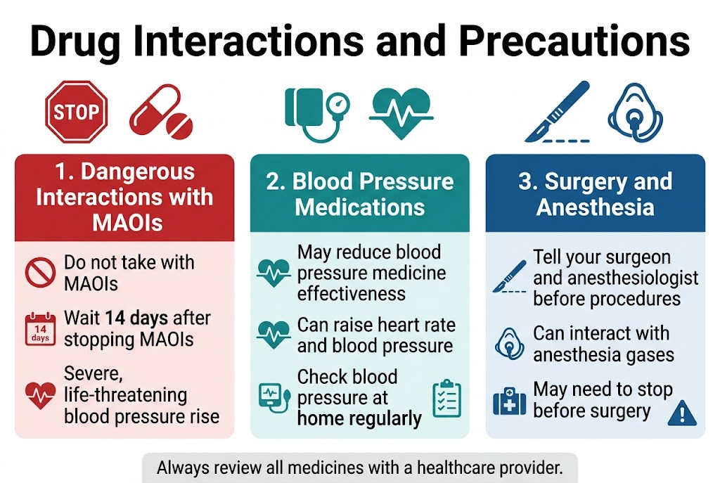 Create a clean, professional medical infographic in a 3:2 aspect ratio, full-bleed layout with no frame or margins, using a white background with deep blue, teal, and red accents. Use modern sans-serif fonts with strong hierarchy. Place a bold top heading centered across the full width: "Drug Interactions and Precautions". Under the heading, arrange three wide horizontal sections with clear icons and numbered labels, using a left-to-right or top-to-bottom flow with generous spacing: 1) Left section: a red warning panel with a stop sign icon and pill symbol. Title text: "1. Dangerous Interactions with MAOIs". Include short bullet text: - "Do not take with MAOIs" - "Wait 14 days after stopping MAOIs" - "Severe, life-threatening blood pressure rise" Add a small calendar icon next to "14 days". 2) Center section: a teal monitoring panel with a blood pressure cuff icon and upward heartbeat line. Title text: "2. Blood Pressure Medications". Include short bullet text: - "May reduce blood pressure medicine effectiveness" - "Can raise heart rate and blood pressure" - "Check blood pressure at home regularly" Add a small home monitor icon and a clipboard/checklist icon. 3) Right section: a blue surgical panel with a scalpel icon and anesthesia mask icon. Title text: "3. Surgery and Anesthesia". Include short bullet text: - "Tell your surgeon and anesthesiologist before procedures" - "Can interact with anesthesia gases" - "May need to stop before surgery" Add a hospital cross icon and warning triangle. Use bold section headers, compact body text, and clear visual separation with colored cards or bands. Include a small bottom callout bar across the width with the text: "Always review all medicines with a healthcare provider." Make the overall layout balanced, wide, and easy to scan, with medical infographic styling and high contrast.