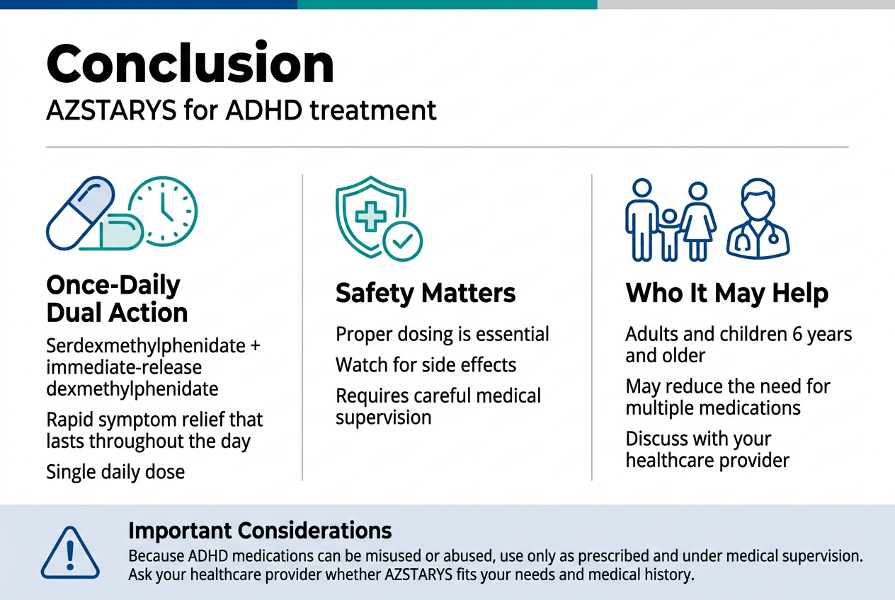Create a clean professional medical infographic in a 3:2 landscape aspect ratio with a full-bleed layout, white background, deep blue and teal accents, and subtle gray divider lines. Use modern sans-serif typography with a bold title at the top. Top header: Large bold text: "Conclusion" Smaller subtitle beneath: "AZSTARYS for ADHD treatment" Main layout: three wide horizontal sections or a 3-column block layout across the center, each with a colored icon and concise text. Use clear visual hierarchy, ample spacing, and no centered vertical stack. Section 1 on the left: A capsule-and-clock icon in blue and teal. Bold heading: "Once-Daily Dual Action" Body text: "Serdexmethylphenidate + immediate-release dexmethylphenidate" "Rapid symptom relief that lasts throughout the day" "Single daily dose" Section 2 in the center: A shield and medical cross icon in teal. Bold heading: "Safety Matters" Body text: "Proper dosing is essential" "Watch for side effects" "Requires careful medical supervision" Section 3 on the right: A family and healthcare provider icon in blue. Bold heading: "Who It May Help" Body text: "Adults and children 6 years and older" "May reduce the need for multiple medications" "Discuss with your healthcare provider" Bottom band across the full width: A caution icon on the left and a short reminder sentence in a shaded light-blue strip. Bold text: "Important Considerations" Smaller text: "Because ADHD medications can be misused or abused, use only as prescribed and under medical supervision." "Ask your healthcare provider whether AZSTARYS fits your needs and medical history." Design details: Use blue, teal, and light gray color blocks; thin line icons; strong contrast; clean medical infographic style; balanced spacing; wide horizontal composition; no frame border; no photo elements.