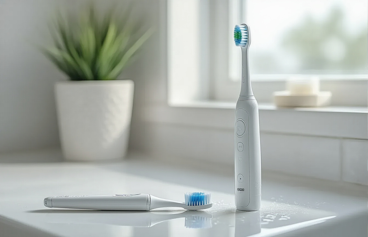 Create a realistic image of a worn-out electric toothbrush on a bathroom counter with visible signs of deterioration including frayed bristles, discolored brush head, cracked plastic body, and water damage stains, accompanied by a fresh new electric toothbrush for comparison, set against a clean white bathroom background with soft natural lighting from a window, absolutely NO text should be in the scene.