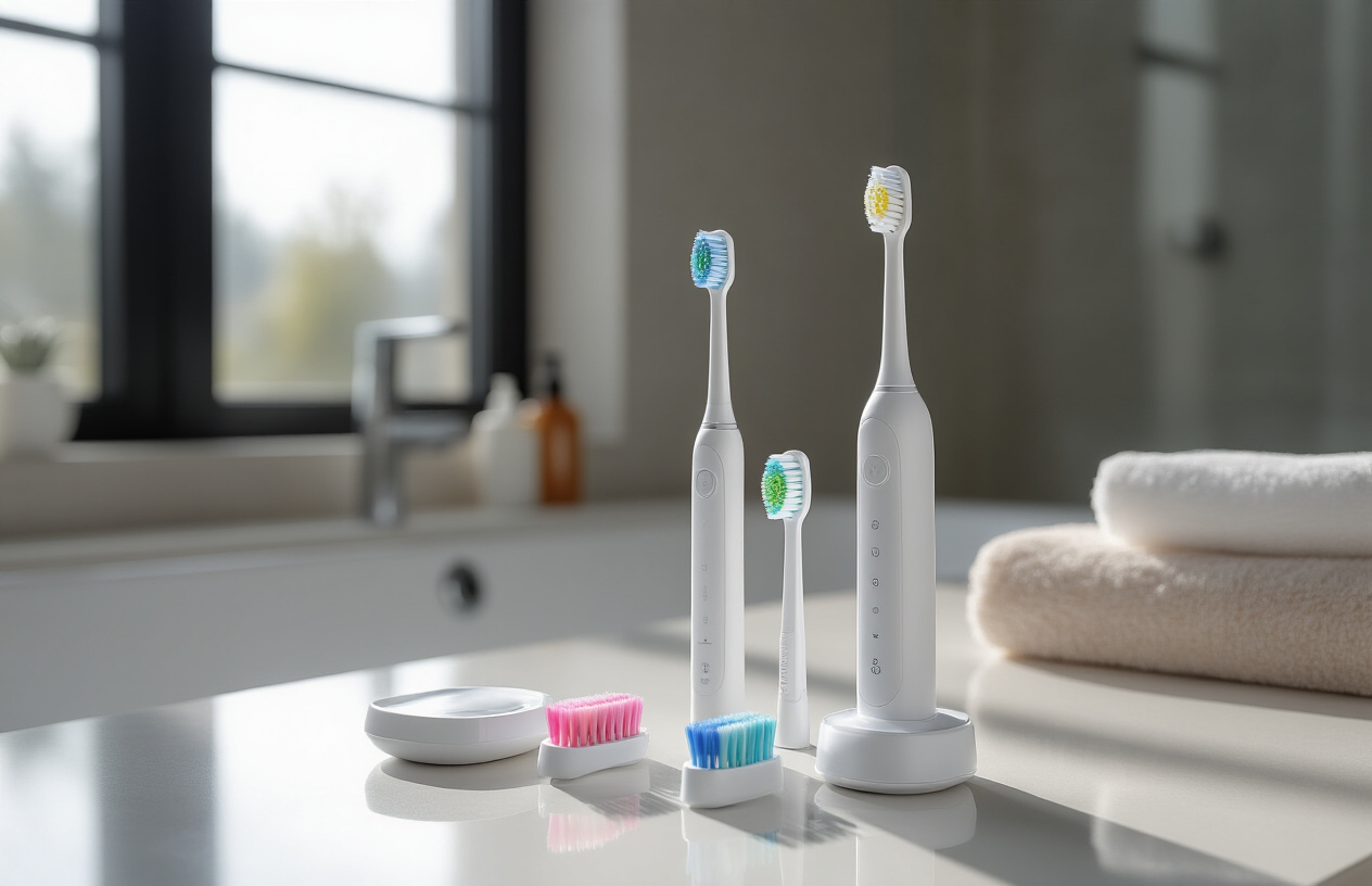 Create a realistic image of various electric toothbrush components arranged on a clean white bathroom counter including a toothbrush handle, multiple colorful brush heads at different stages of wear, and a charging base, with soft natural lighting from a window creating gentle shadows, in a modern bathroom setting with blurred background elements, absolutely NO text should be in the scene.