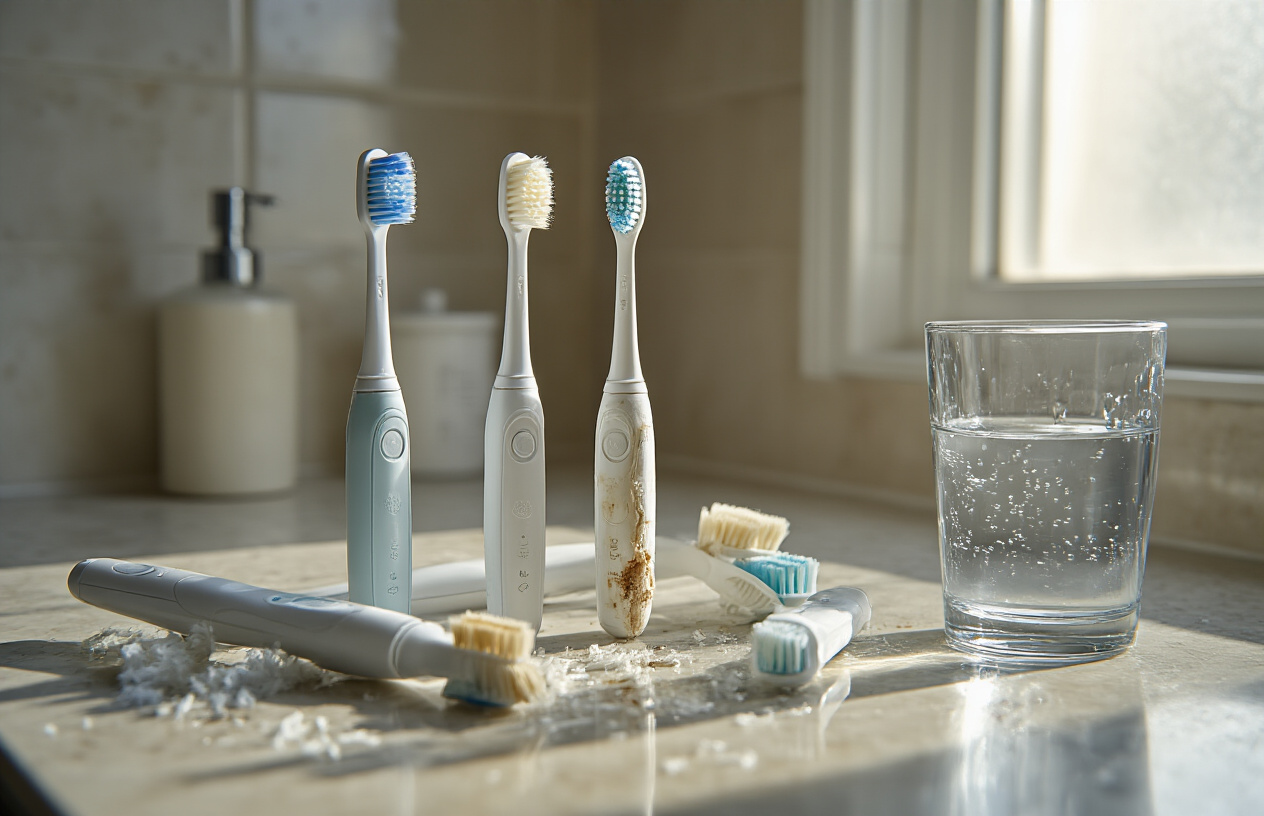 Create a realistic image of a collection of worn electric toothbrushes displaying various stages of deterioration including frayed bristles, discolored brush heads, cracked plastic handles, and water damage stains, arranged on a bathroom counter next to a glass of water and some visible wear indicators like loose bristles scattered around, with soft natural lighting from a bathroom window creating shadows that emphasize the damaged areas, absolutely NO text should be in the scene.