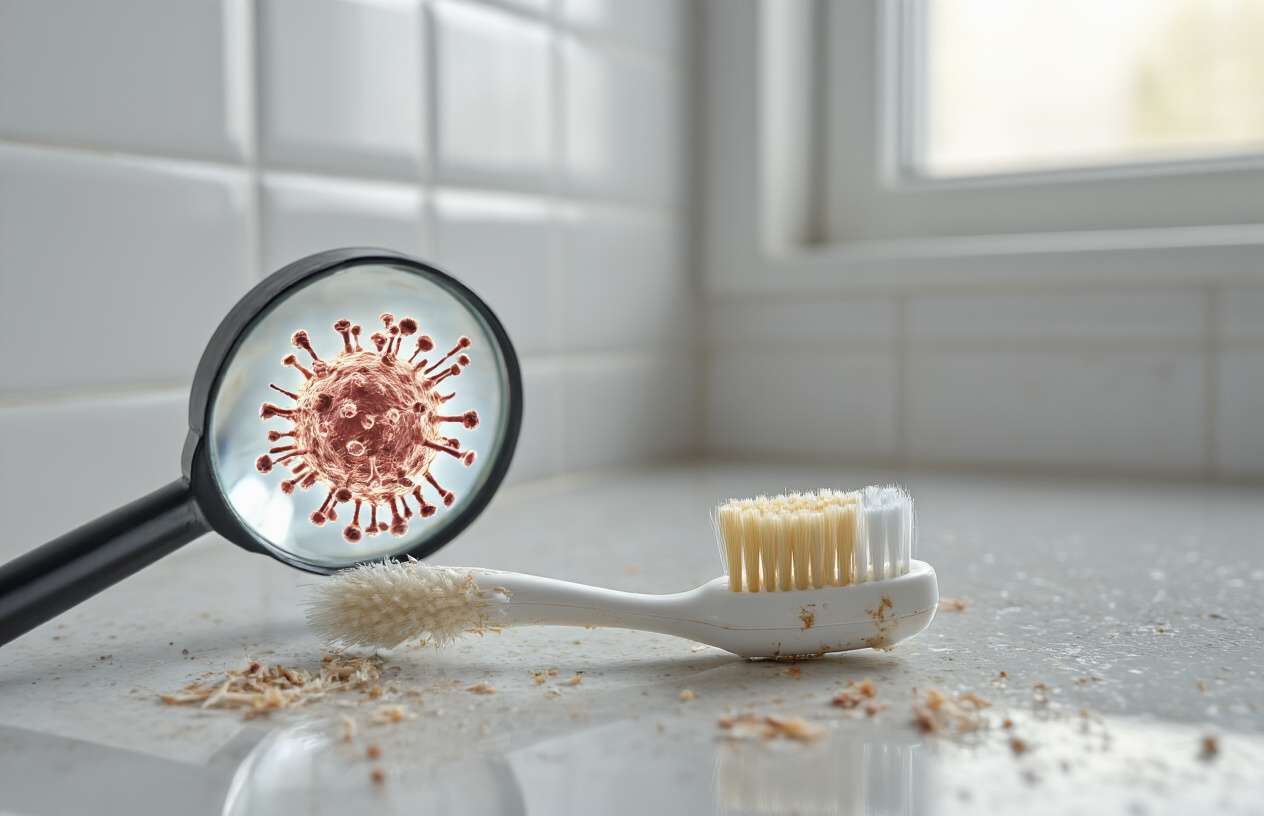 Create a realistic image of a close-up view of an old, worn-out electric toothbrush with frayed and splayed bristles, visible bacteria buildup, and discolored brush head sitting on a bathroom counter next to a magnifying glass showing enlarged harmful bacteria and germs, with a clean bathroom background featuring white tiles and soft natural lighting from a window, conveying concern about dental hygiene and health risks, absolutely NO text should be in the scene.