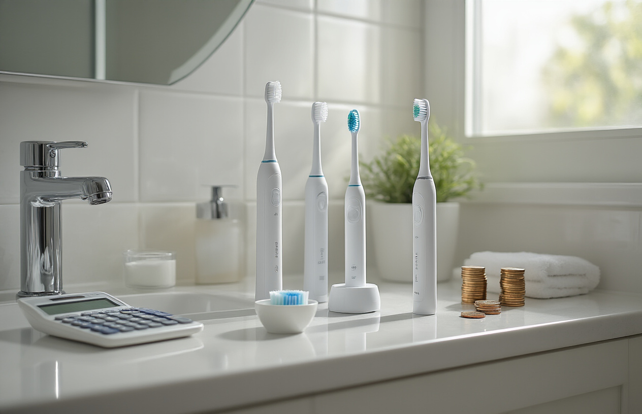 Create a realistic image of electric toothbrushes arranged on a clean bathroom counter with maintenance items like replacement brush heads, a charging station, and a small bowl of cleaning solution, featuring good natural lighting from a window, with a calculator and some coins nearby suggesting cost considerations, in a modern bathroom setting with white tiles and chrome fixtures, absolutely NO text should be in the scene.
