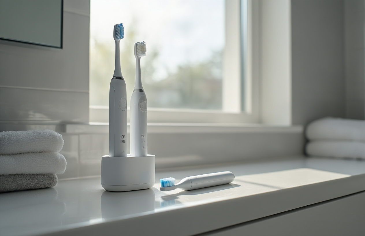 Create a realistic image of a clean modern bathroom counter with a new electric toothbrush in its charging station alongside an old worn electric toothbrush with frayed bristles, showing the clear contrast between replacement timing, soft natural lighting from a window, minimalist white and gray bathroom aesthetic, absolutely NO text should be in the scene.
