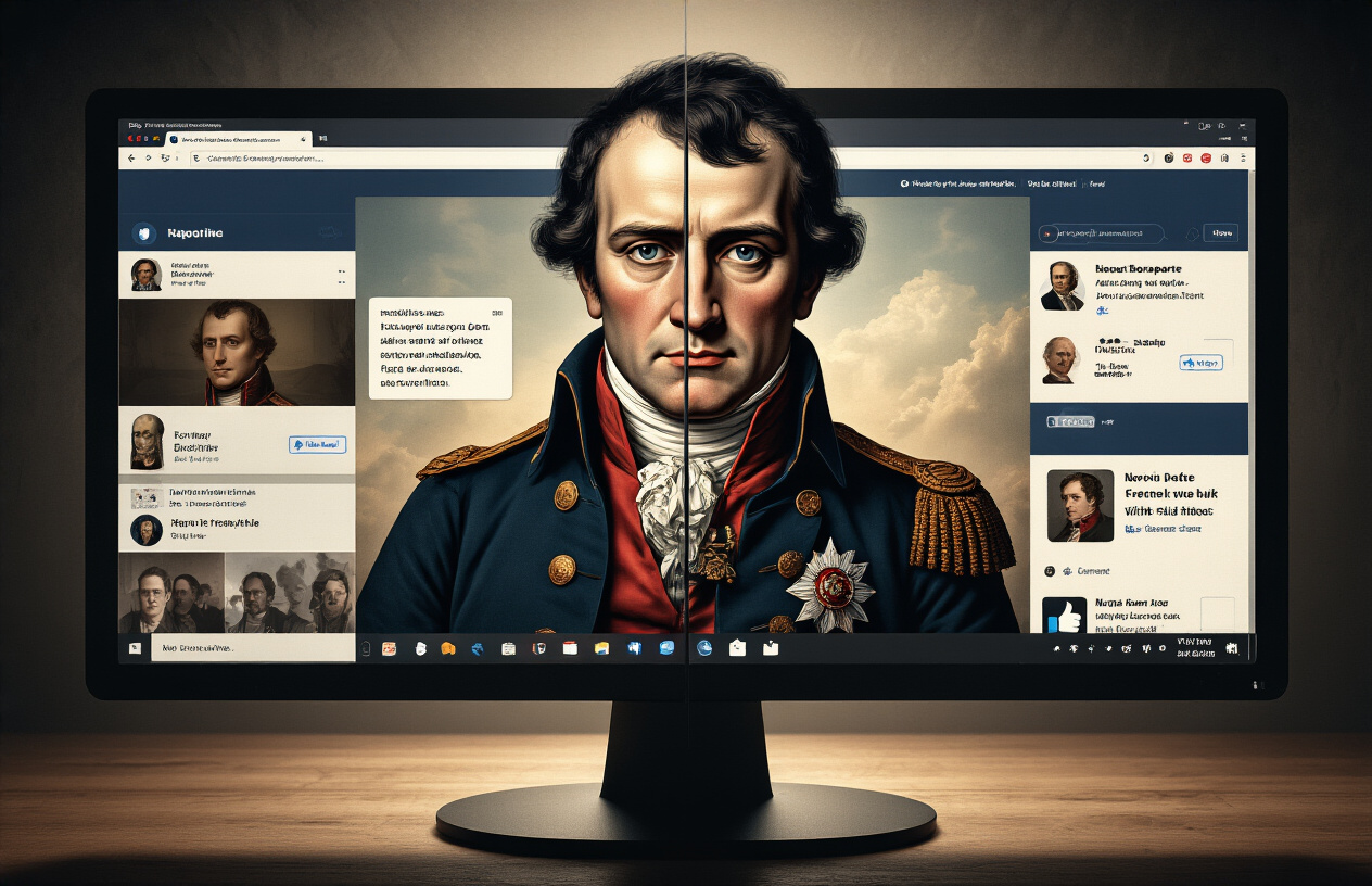 Create a realistic image of a split-screen computer monitor displaying contrasting Napoleon Bonaparte content with heated online debate reactions, showing social media feeds with thumbs up and thumbs down icons, comment threads, and viral sharing buttons scattered across multiple browser windows, with a dark moody lighting casting dramatic shadows on the screen, creating an atmosphere of intense digital controversy and division, absolutely NO text should be in the scene.