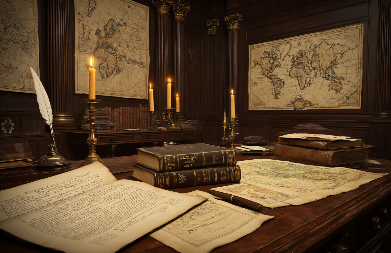 Create a realistic image of an ornate 19th-century study or library with historical documents, maps, and books scattered across a mahogany desk, featuring the Napoleonic Code book prominently displayed, vintage quill pens and inkwell, candlelight creating warm golden lighting, old European maps showing territorial expansions pinned to dark wood-paneled walls, classical architectural elements with columns visible in the background, creating an atmosphere of scholarly achievement and historical significance, shot from a slightly elevated angle to showcase the breadth of materials, with rich amber and deep brown tones dominating the scene, absolutely NO text should be in the scene.