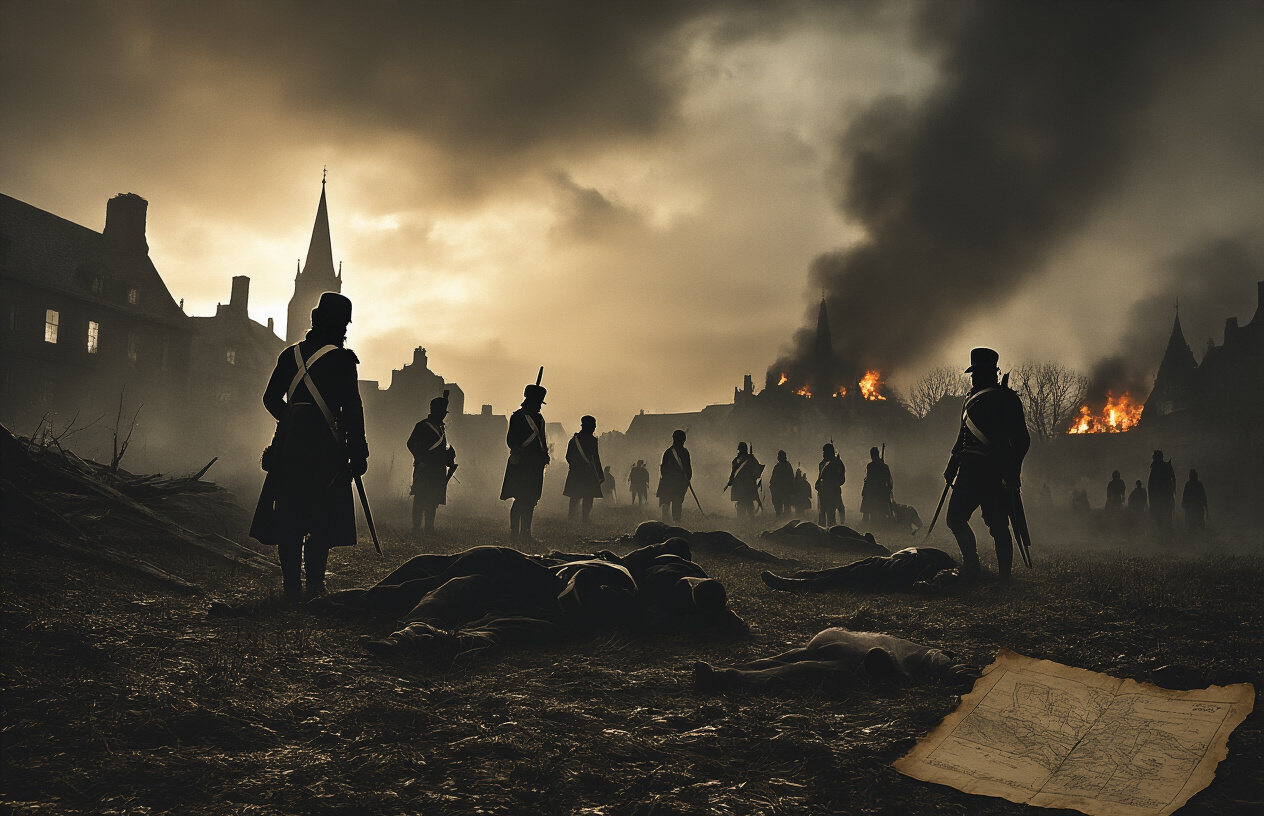 Create a realistic image of a dark, imposing historical scene with shadowy silhouettes of soldiers in military uniforms from the early 1800s standing over fallen figures on a battlefield, with burning buildings and smoke in the background under an ominous stormy sky, dramatic lighting casting long shadows across the scene, weathered historical documents and maps scattered on the ground, creating a somber and foreboding atmosphere that suggests the darker aspects of historical conquest and warfare, absolutely NO text should be in the scene.