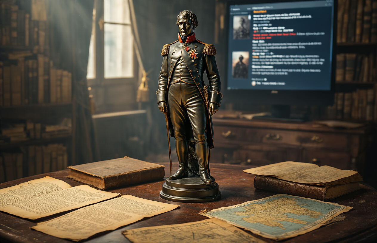 Create a realistic image of a vintage bronze statue of Napoleon Bonaparte in military uniform positioned at the center, with dramatic lighting casting both bright illumination and dark shadows across the figure to symbolize the dual nature of his legacy, surrounded by scattered historical documents, old books, and faded battle maps on a dark wooden table, with a computer screen glowing softly in the background showing blurred social media discussions, creating a moody atmosphere that bridges historical legacy with modern digital debate, shot in warm amber and cool blue tones to emphasize the contrast between genius and villain perspectives, absolutely NO text should be in the scene.