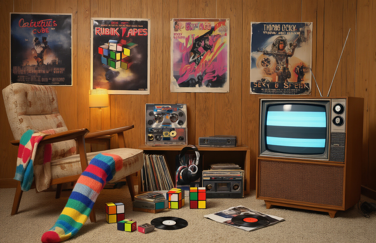 Create a realistic image of a vintage 1985 living room scene with a wood-grain television displaying a paused VHS screen, surrounded by iconic 1980s pop culture items including Rubik's cubes, cassette tapes, vinyl records, a Walkman with headphones, colorful leg warmers draped over a chair, and movie posters on wood-paneled walls, all arranged in warm nostalgic lighting that captures the essence of mid-80s entertainment culture, with no people visible in the scene, absolutely NO text should be in the scene.