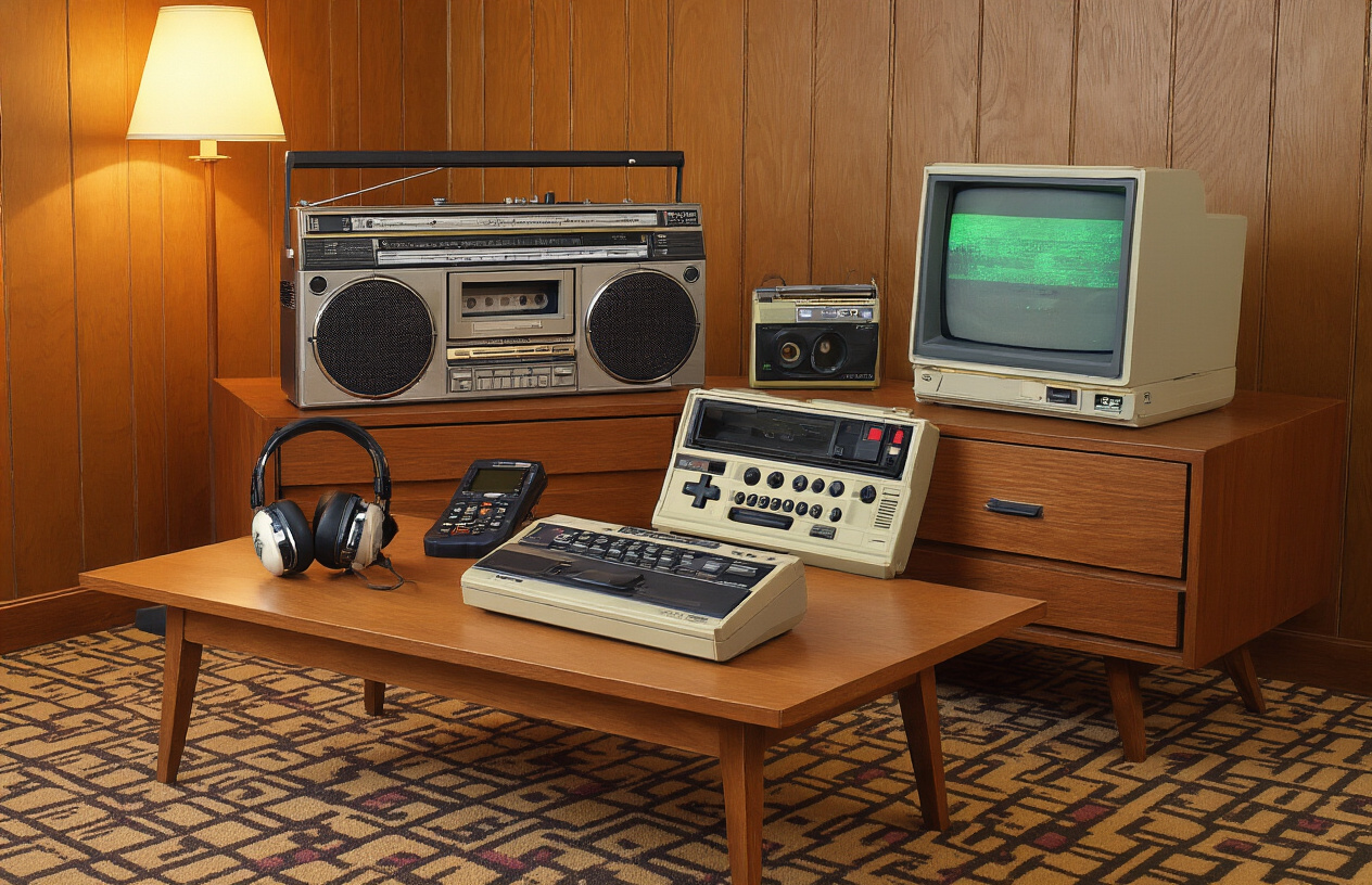 Create a realistic image of a 1980s living room scene featuring vintage technology items that would have been cutting-edge in 1985, including a large boombox with cassette deck, an early personal computer with green monochrome monitor, a VHS camcorder, a portable Walkman with headphones, and an early mobile phone (brick phone), all arranged on a wood-grain entertainment center and coffee table, with warm tungsten lighting creating nostalgic shadows, set against wood-paneled walls with geometric patterned carpet typical of the mid-1980s aesthetic, conveying the excitement of emerging consumer technology, absolutely NO text should be in the scene.