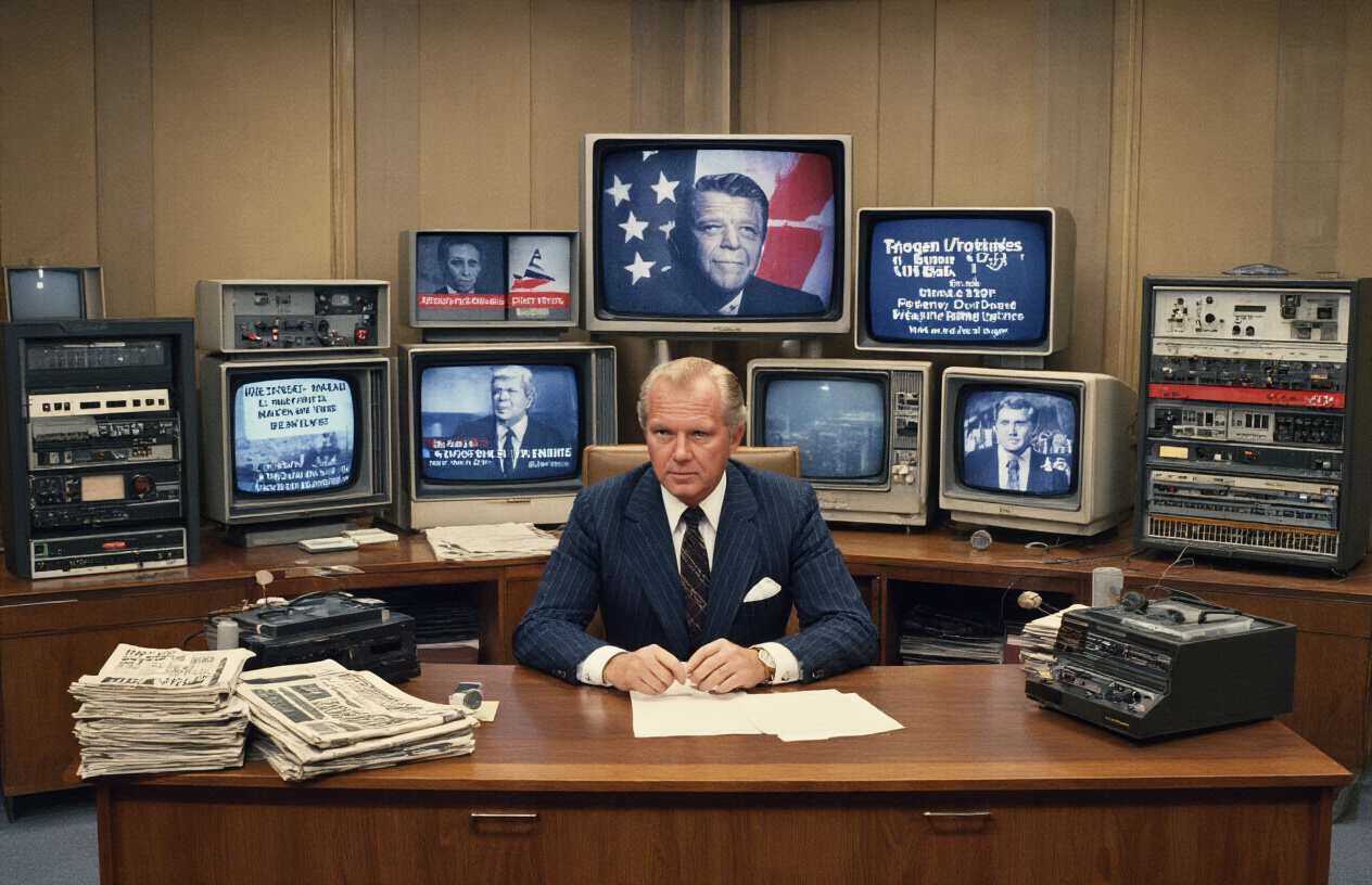 Create a realistic image of a vintage 1980s television newsroom with multiple CRT monitors displaying different political and social events from 1985, including Reagan-era politics and Cold War imagery, with a white male news anchor in a classic 1980s suit sitting at a wooden desk, surrounded by retro broadcasting equipment, analog recording devices, and stacks of newspapers, all bathed in warm tungsten lighting typical of 1980s TV studios, with the overall mood being serious yet nostalgic, absolutely NO text should be in the scene.