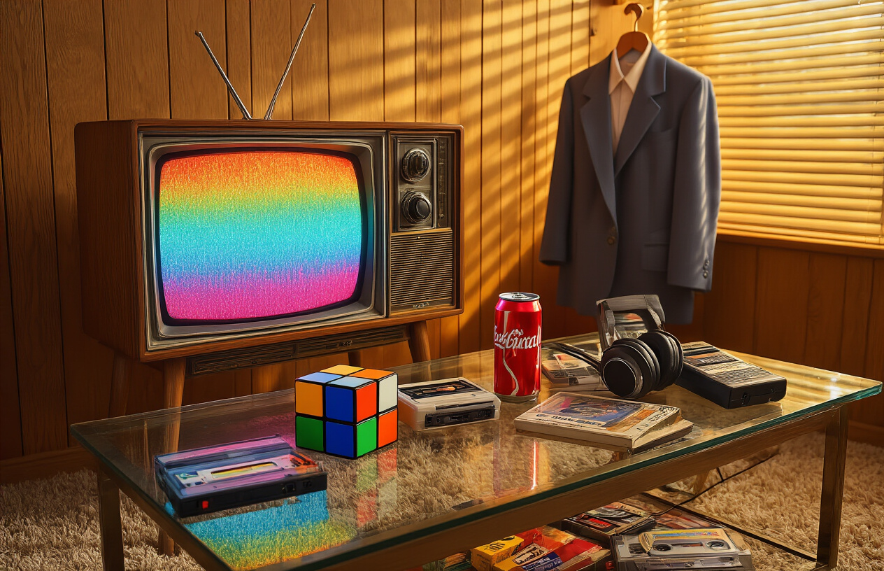 Create a realistic image of a vintage 1980s living room scene with a classic wood-grain television set displaying a colorful static-filled screen, surrounded by iconic 1985 items including a Rubik's cube, cassette tapes, a Walkman with headphones, big shoulder-padded blazers hanging nearby, neon-colored leg warmers, a can of New Coke, and vintage technology gadgets like a large mobile phone and VHS tapes scattered on a glass coffee table, with warm golden lighting filtering through venetian blinds creating nostalgic shadows across the wood-paneled walls and shag carpet, evoking a sense of retro nostalgia and technological transition, absolutely NO text should be in the scene.