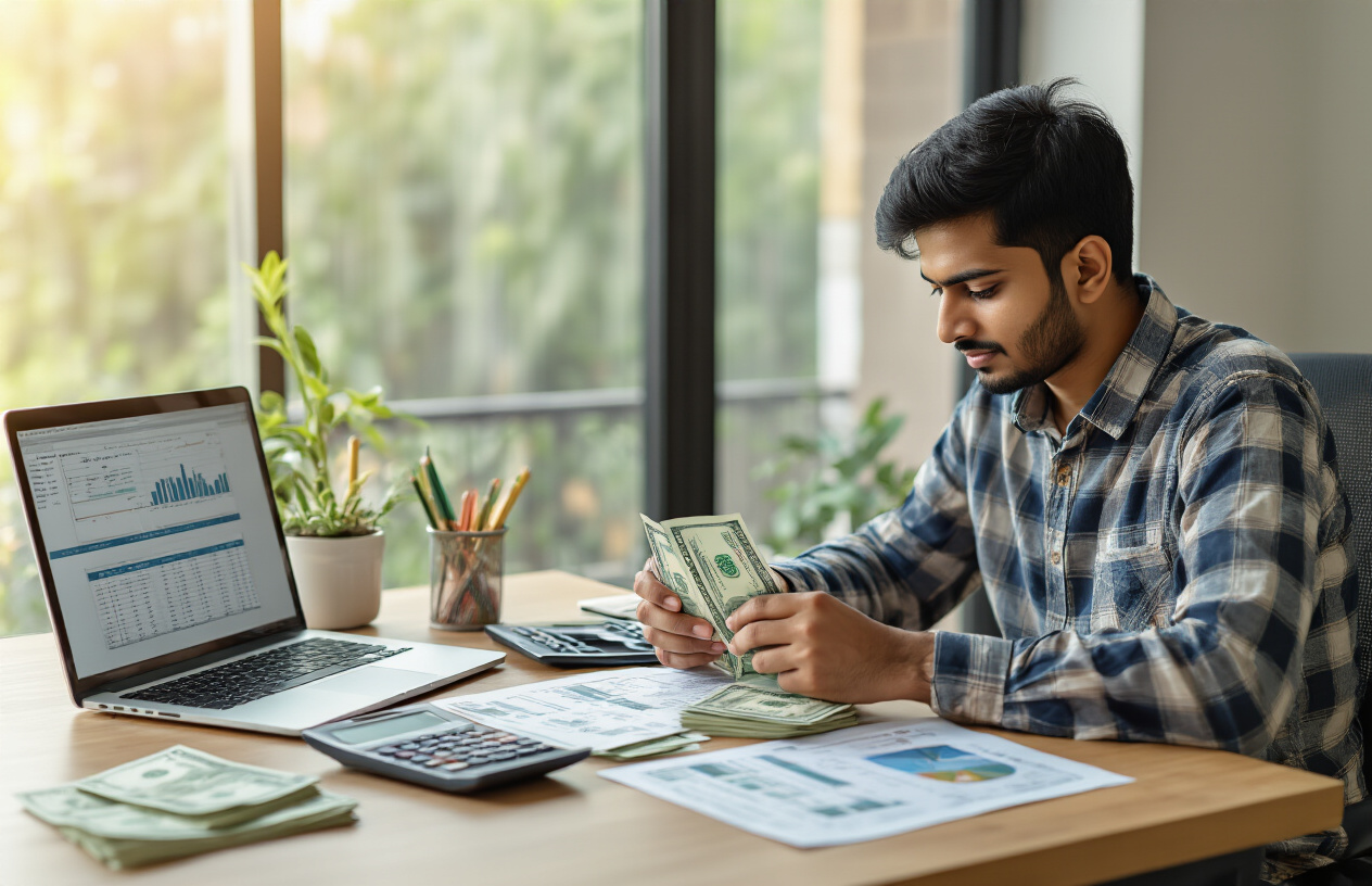 Create a realistic image of a young Indian male entrepreneur sitting at a modern desk in a contemporary office space, carefully counting cash bills and reviewing financial documents, with a laptop displaying spreadsheets open nearby, a calculator, and personal savings passbooks visible on the desk, warm natural lighting streaming through a window, conveying a focused and determined mood of self-reliance and financial planning, absolutely NO text should be in the scene.