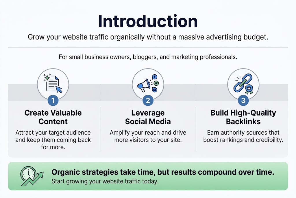 Create a full-bleed landscape infographic in 3:2 aspect ratio with a clean professional modern style, white background, blue and green accents, subtle gray dividers, bold sans-serif typography, and clear visual hierarchy.
Top center: large bold heading text in dark navy, "Introduction". Directly beneath it, smaller subtitle text: "Grow your website traffic organically without a massive advertising budget."
Below the subtitle, place a short centered line of body text across the width: "For small business owners, bloggers, and marketing professionals."
Main content in three wide horizontal sections across the middle of the design, arranged left to right in three equal columns with numbered labels and icons:
Left column: a circular icon of a document with a sparkle and a cursor. Large number badge "1". Heading text: "Create Valuable Content". Smaller text: "Attract your target audience and keep them coming back for more."
Middle column: a circular icon of a megaphone with social media symbols. Large number badge "2". Heading text: "Leverage Social Media". Smaller text: "Amplify your reach and drive more visitors to your site."
Right column: a circular icon of a chain link with an authority badge or star. Large number badge "3". Heading text: "Build High-Quality Backlinks". Smaller text: "Earn authority sources that boost rankings and credibility."
Bottom full-width banner with a soft green gradient and a clock + upward growth arrow icon on the left. Include bold text: "Organic strategies take time, but results compound over time." Add smaller text beneath: "Start growing your website traffic today."
Use clean spacing, strong alignment, simple line icons, and a polished infographic layout with no extra text.