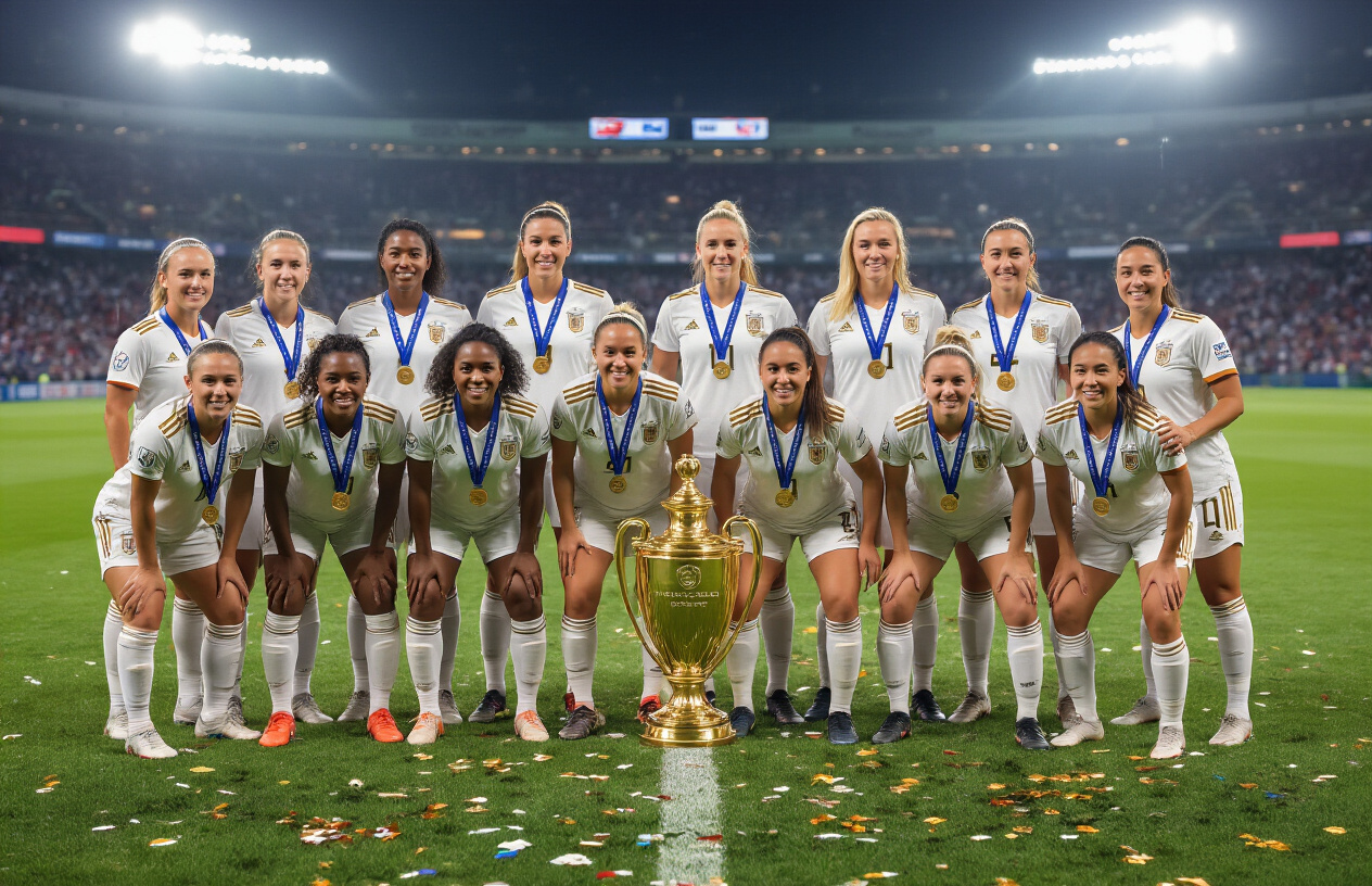 Create a realistic image of a professional women's soccer team posing together for an official team photo, featuring 16 diverse female athletes of various races including white, black, Hispanic, and Asian players, all wearing matching championship uniforms with gold medals around their necks, standing and kneeling in traditional team formation on a pristine soccer field, with a large golden trophy prominently displayed in the center front, bright stadium lighting creating a celebratory atmosphere, and confetti scattered on the grass around them, absolutely NO text should be in the scene.