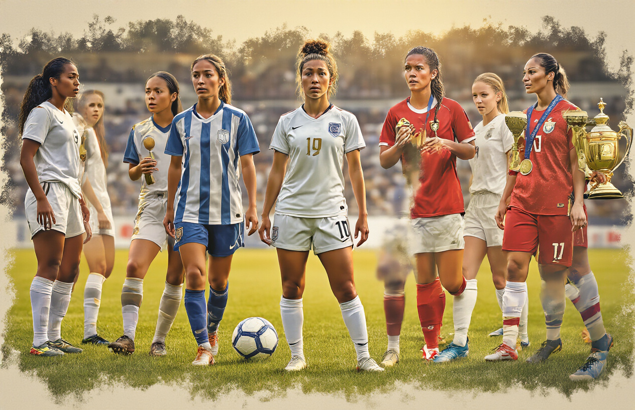 Create a realistic image of a diverse group of female soccer players from different races including white, black, Hispanic, and Asian women, each shown at different stages of their careers through a collage-style composition, featuring young players in youth uniforms practicing on grass fields, collegiate players celebrating victories, and professional players holding trophies or medals, with some players shown in emotional moments of triumph with tears of joy, set against a backdrop that transitions from local community fields to grand stadiums, with warm golden lighting that emphasizes the journey and growth theme, showing soccer balls, cleats, and team jerseys as complementary elements, capturing the inspiring and uplifting mood of personal achievement and breakthrough moments, absolutely NO text should be in the scene.