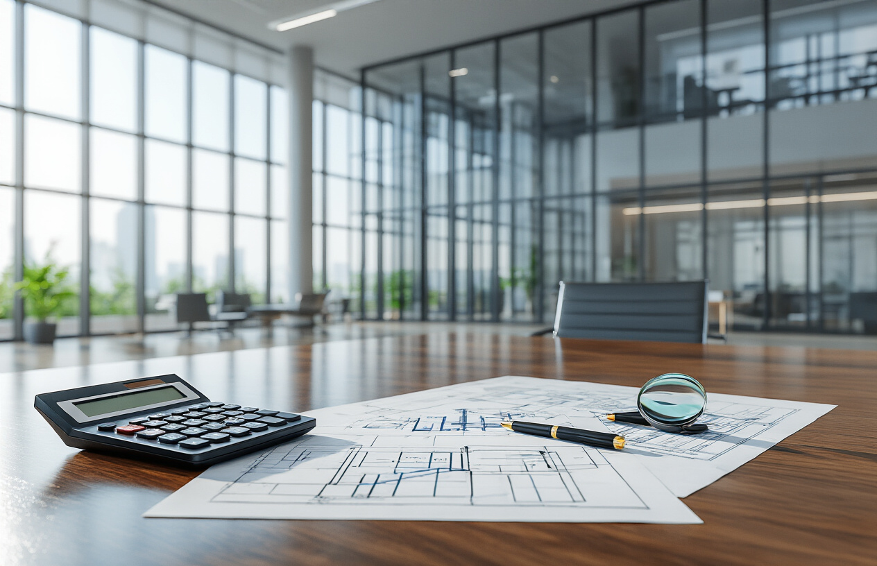 Create a realistic image of a modern corporate office building with glass facades representing Bajaj Housing Finance, featuring architectural blueprints and financial documents spread across a polished wooden conference table in the foreground, with a calculator, pen, and magnifying glass nearby, set against a professional business environment with soft natural lighting from large windows, conveying analytical and strategic business planning atmosphere, absolutely NO text should be in the scene.