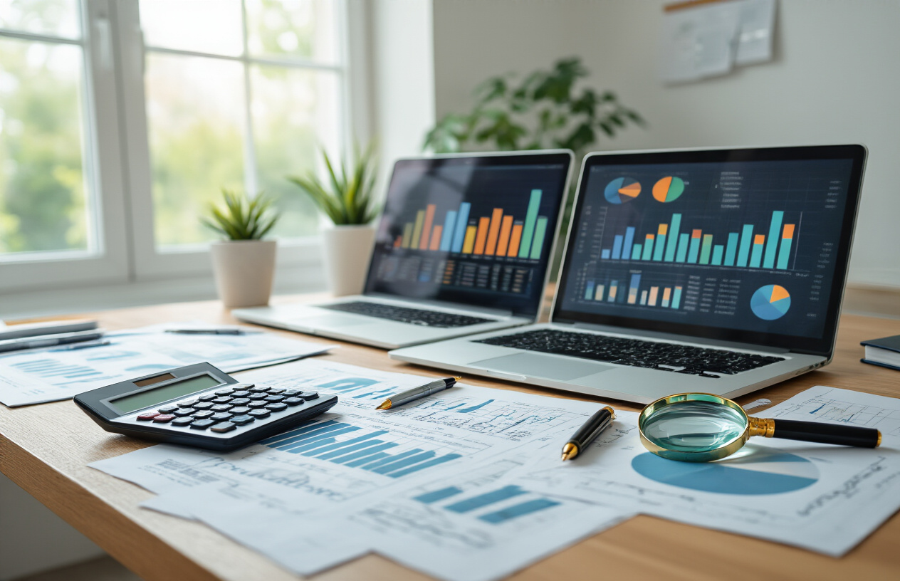 Create a realistic image of a modern office desk with financial documents, charts, and graphs spread across it, featuring a laptop displaying colorful bar charts and line graphs, a calculator, pen, and magnifying glass examining financial data, with a clean white background and bright natural lighting from a window, creating a professional analytical atmosphere. Absolutely NO text should be in the scene.