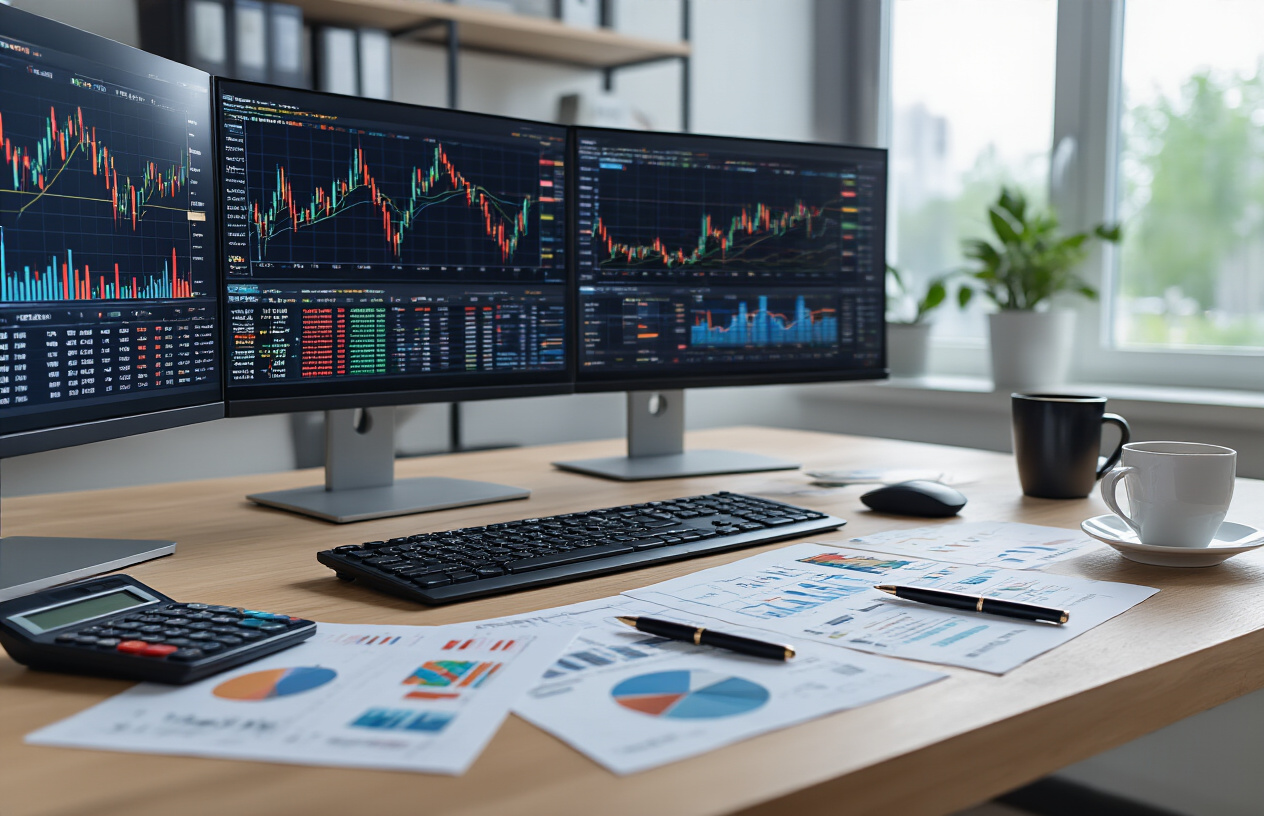 Create a realistic image of a modern financial analysis workspace featuring a sleek desk with multiple computer monitors displaying colorful stock charts, financial graphs, and valuation metrics, surrounded by scattered financial documents and reports, with a calculator, pen, and coffee cup on the desk, set against a contemporary office background with soft natural lighting from a window, creating a professional and analytical atmosphere. Absolutely NO text should be in the scene.