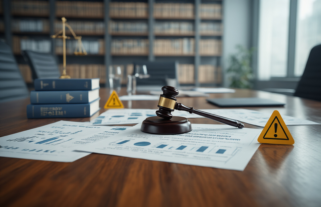 Create a realistic image of a modern office conference room with regulatory documents and risk assessment charts spread across a polished wooden table, a gavel symbolizing legal compliance positioned prominently, warning triangle icons and caution symbols scattered around financial papers, backdrop showing blurred bookshelves filled with legal and financial regulation books, professional lighting casting subtle shadows, serious and analytical mood with muted colors of blues and grays, absolutely NO text should be in the scene.