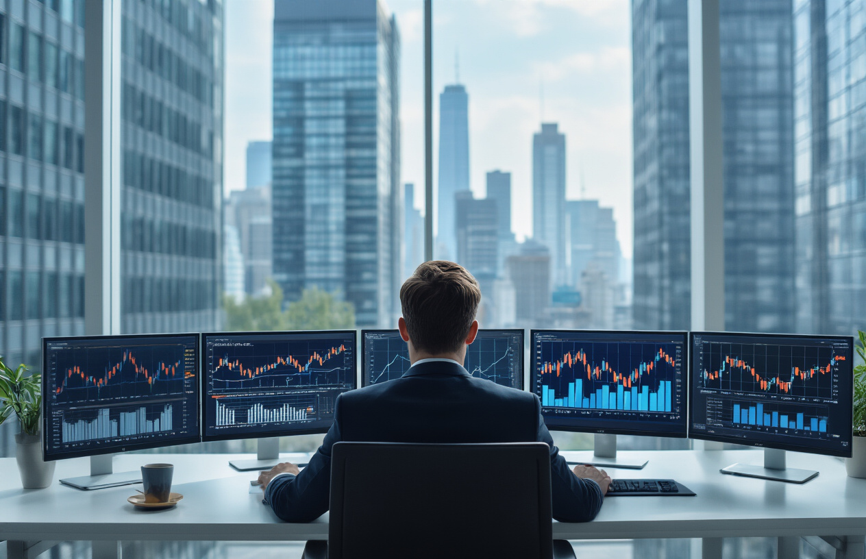 Create a realistic image of a modern office setting with a white male financial analyst in a business suit sitting at a sleek desk, analyzing charts and graphs on multiple computer monitors showing upward trending arrows and housing market data, with a backdrop of tall glass buildings and a bright city skyline visible through large windows, conveying an optimistic and professional atmosphere with natural daylight streaming in, absolutely NO text should be in the scene.