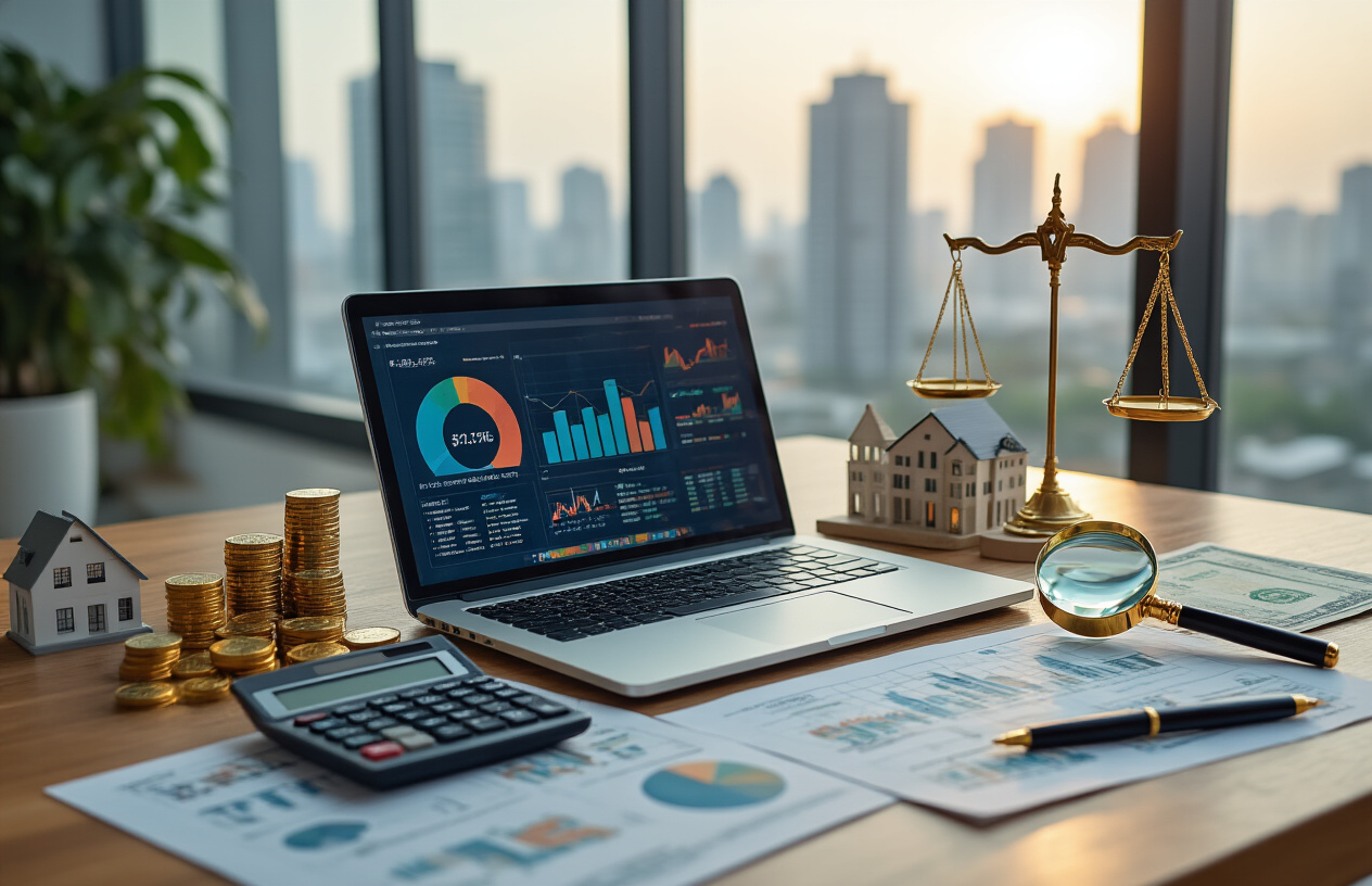 Create a realistic image of a professional financial analysis scene featuring a sleek modern office desk with an open laptop displaying colorful financial charts and graphs, scattered financial documents and reports, a calculator, a magnifying glass positioned over housing market data, small architectural models of residential buildings, gold coins and currency notes artfully arranged, a balanced scale symbolizing investment decision-making, warm natural lighting from a large window creating a thoughtful contemplative mood, with a blurred cityscape background showing modern buildings, shot from a slightly elevated angle to capture the comprehensive investment evaluation setup, Absolutely NO text should be in the scene.