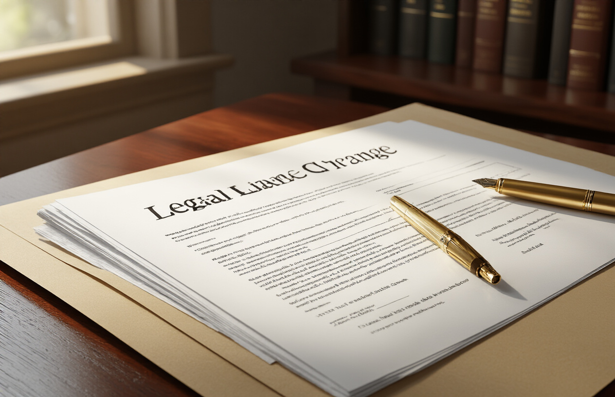 Create a realistic image of a professional legal document folder on a polished wooden desk with official name change paperwork partially visible, a gold pen lying beside the documents, soft natural lighting from a window casting gentle shadows across the scene, with a subtle background of law books on shelves, conveying a sense of completion and transformation, absolutely NO text should be in the scene.