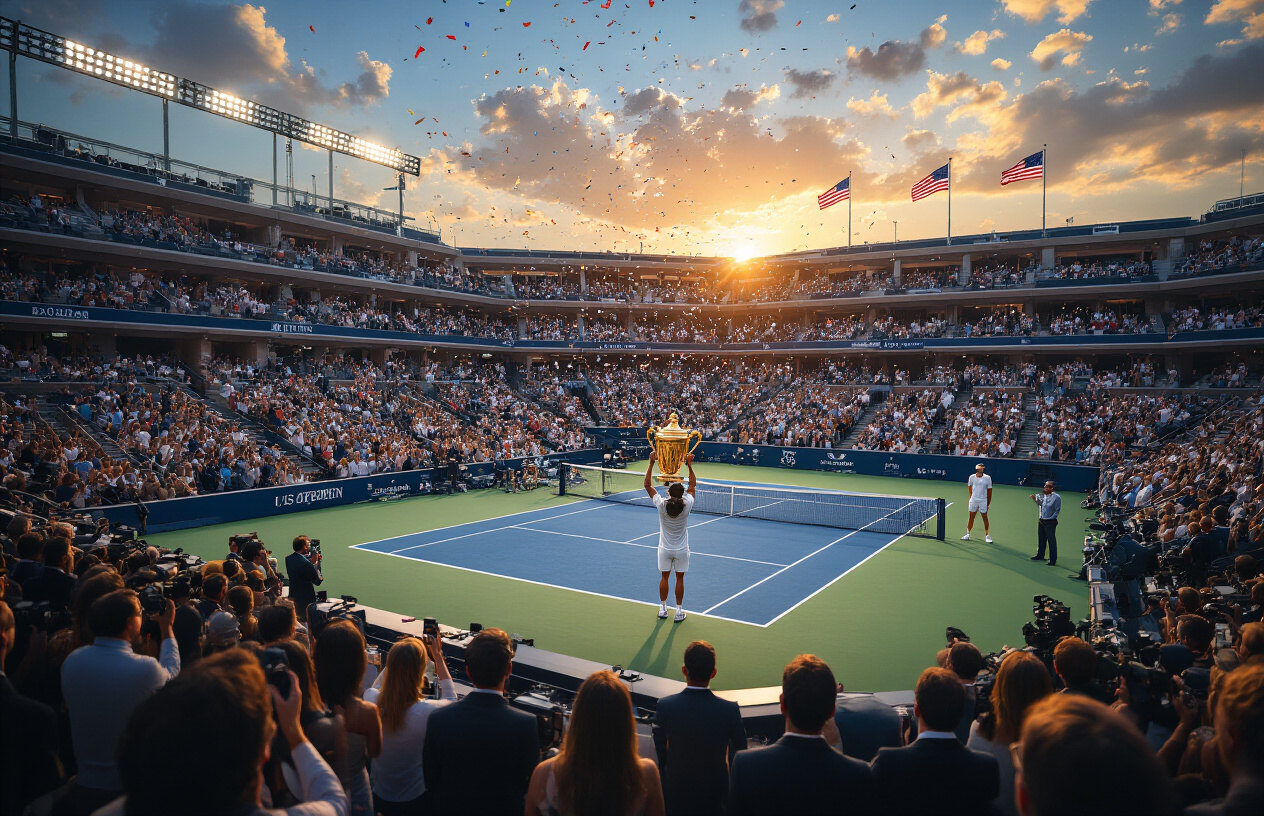 Create a realistic image of a professional tennis stadium at sunset with the main court featuring a pristine blue hard court surface, packed stadium stands filled with cheering spectators, a white male tennis player in athletic wear holding up a large golden trophy in celebration while confetti falls from above, another white male tennis player standing nearby applauding respectfully, dramatic golden hour lighting casting warm shadows across the court, photographers and officials gathered around the trophy presentation area, the iconic US Open venue architecture visible in the background with American flags gently waving, creating an atmosphere of championship triumph and sportsmanship, absolutely NO text should be in the scene.