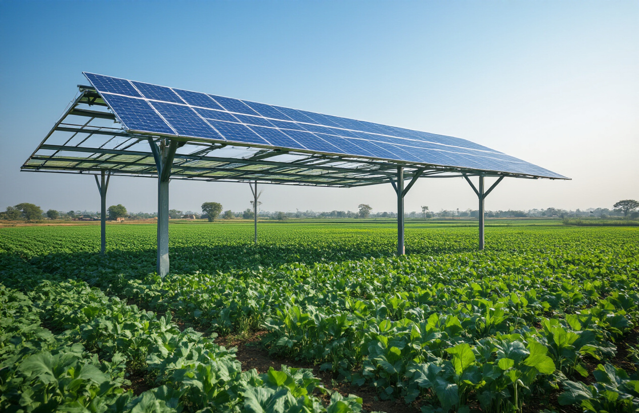Create a realistic image of solar panels installed above agricultural fields in Maharashtra, India, with lush green crops growing underneath the elevated solar panel structure, showing the innovative agri-voltaic farming system where solar energy generation and agriculture coexist, featuring fertile farmland with traditional Indian crops, clear blue sky, natural daylight illuminating the scene, and distant rural landscape with small farming settlements visible in the background, demonstrating sustainable farming technology integration. Absolutely NO text should be in the scene.