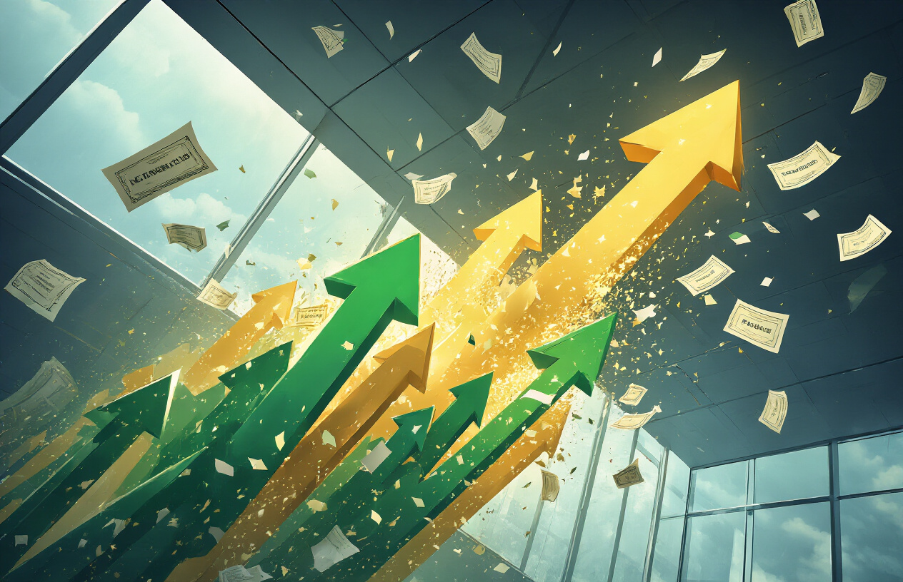 Create a realistic image of multiple upward-trending arrow graphics in vibrant green and gold colors breaking through ceiling barriers, with scattered financial documents and IPO application forms flowing in the background, dramatic upward lighting creating strong shadows, conveying explosive growth and record-breaking performance in a modern corporate setting, Absolutely NO text should be in the scene.