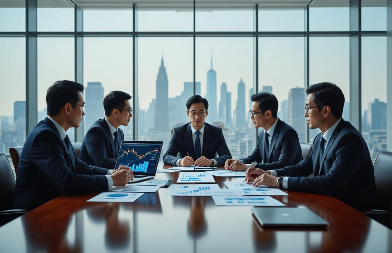 Create a realistic image of a modern corporate boardroom with diverse institutional investors including white and Asian male executives in dark business suits sitting around a polished mahogany conference table, examining financial documents and charts showing upward trending graphs, with large floor-to-ceiling windows revealing a city skyline in the background, professional lighting creating a sophisticated atmosphere, laptops and tablets displaying stock market data on the table, the scene conveying success and high-stakes financial decision making, absolutely NO text should be in the scene.