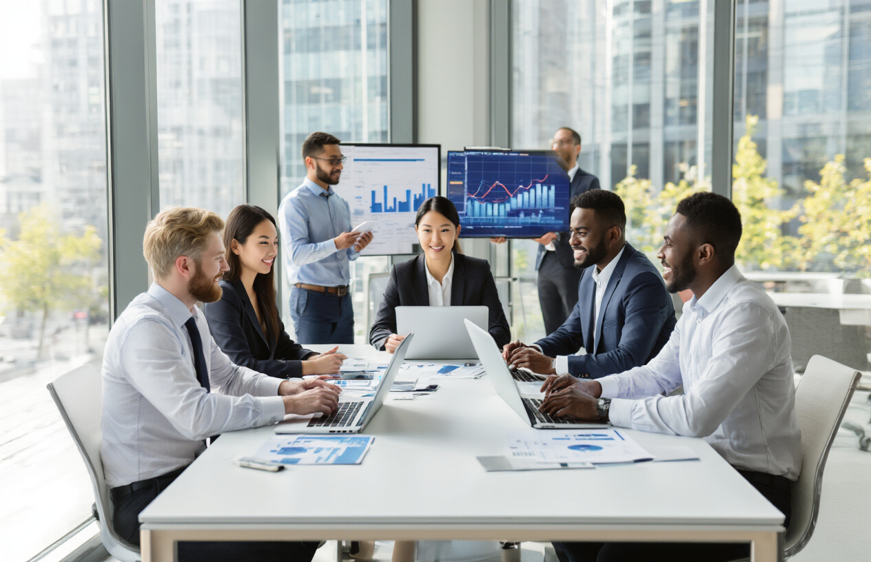 Create a realistic image of a diverse group of retail investors including white male, Asian female, and black male professionals sitting around a modern conference table with laptops and financial documents, showing engaged expressions while competing investment firms' representatives stand in the background presenting charts and graphs, set in a bright contemporary office space with floor-to-ceiling windows showing a bustling financial district, warm natural lighting creating an atmosphere of intense but positive business competition, absolutely NO text should be in the scene.